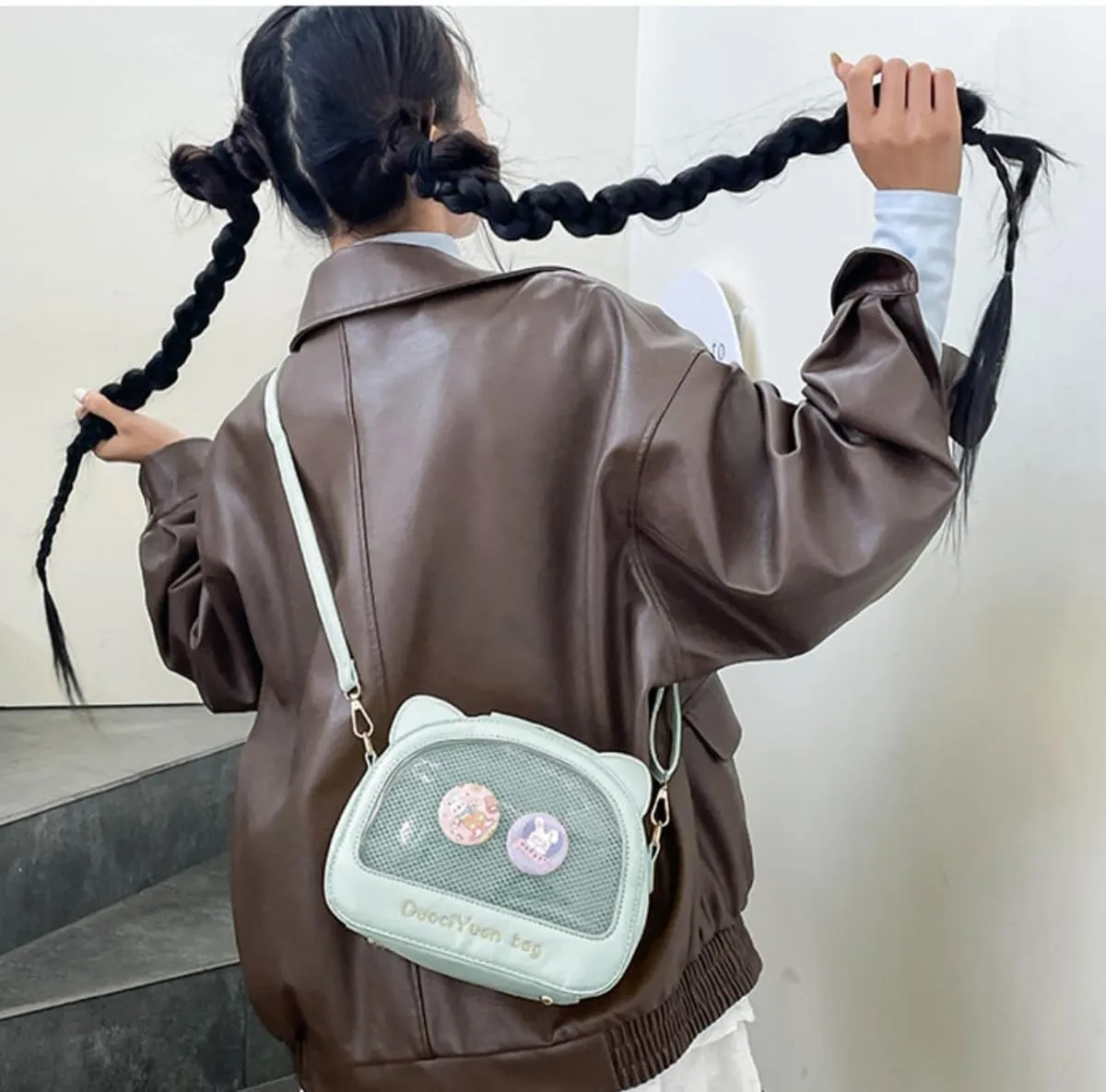 Kawaii Ita Crossbody Bag with Cat Ear & Pin Display Insert - Cute Small Shoulder Purse for Anime Cosplay