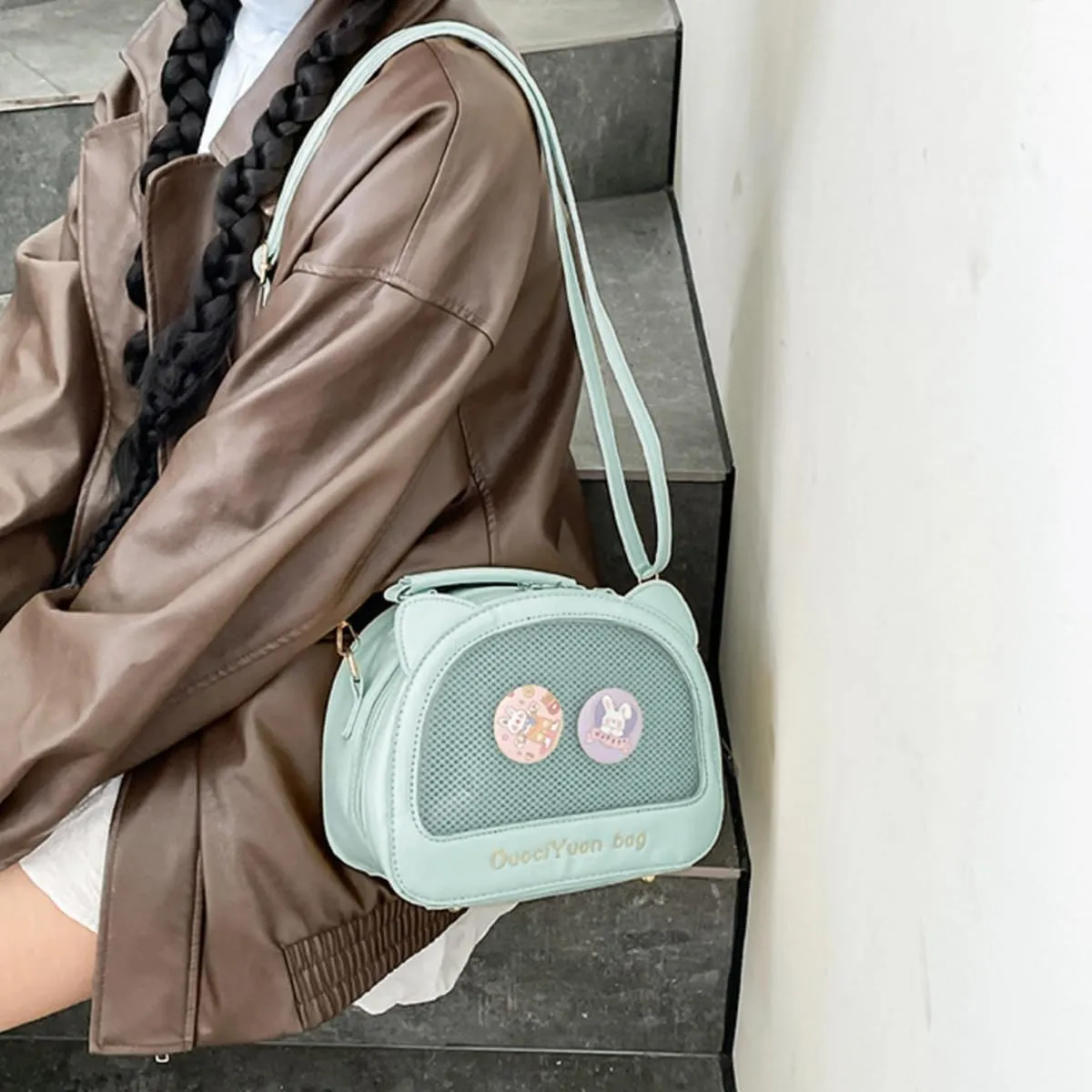 Kawaii Ita Crossbody Bag with Cat Ear & Pin Display Insert - Cute Small Shoulder Purse for Anime Cosplay