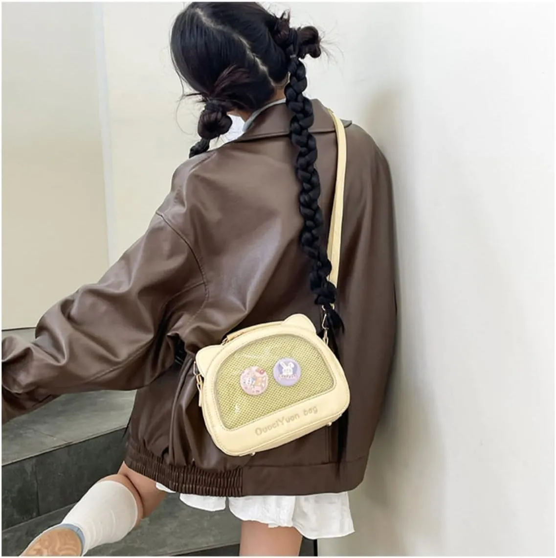 Kawaii Ita Crossbody Bag with Cat Ear & Pin Display Insert - Cute Small Shoulder Purse for Anime Cosplay