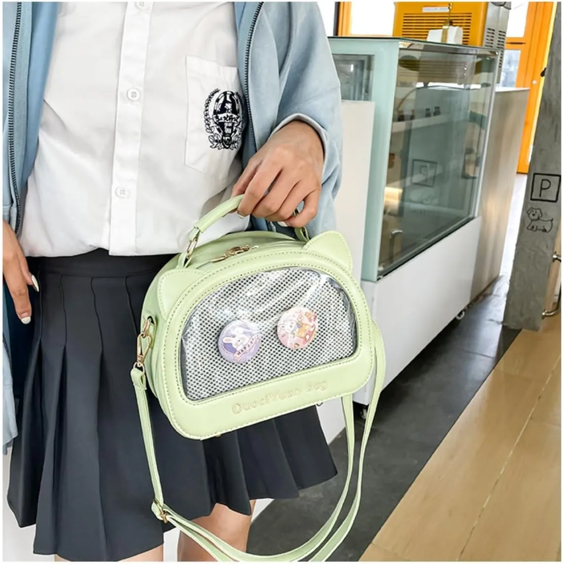 Kawaii Ita Crossbody Bag with Cat Ear & Pin Display Insert - Cute Small Shoulder Purse for Anime Cosplay