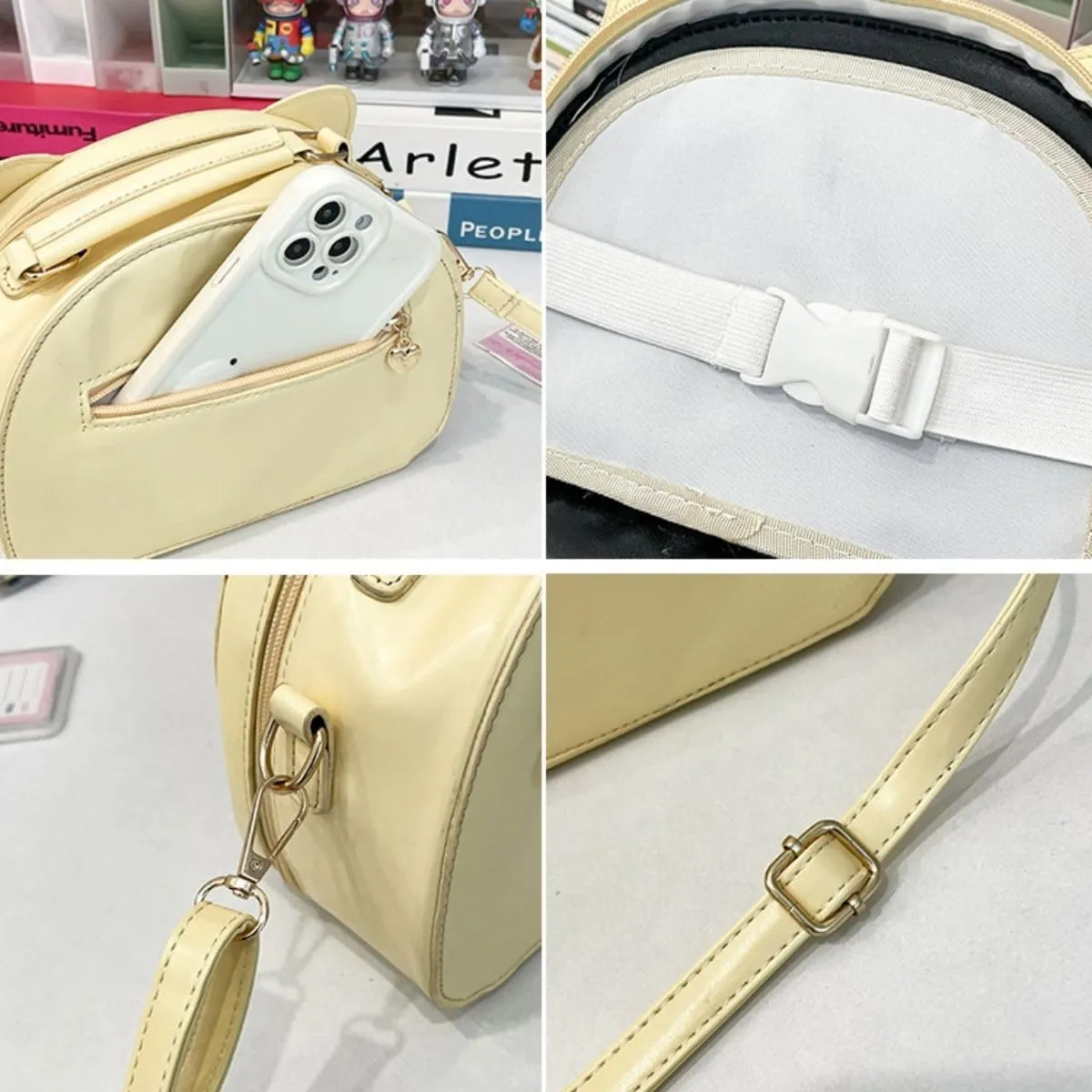 Kawaii Ita Crossbody Bag with Cat Ear & Pin Display Insert - Cute Small Shoulder Purse for Anime Cosplay