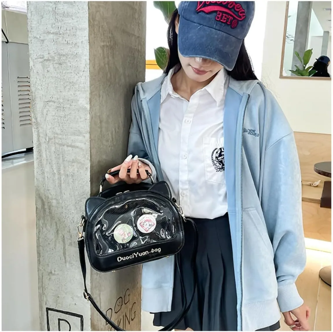 Kawaii Ita Crossbody Bag with Cat Ear & Pin Display Insert - Cute Small Shoulder Purse for Anime Cosplay