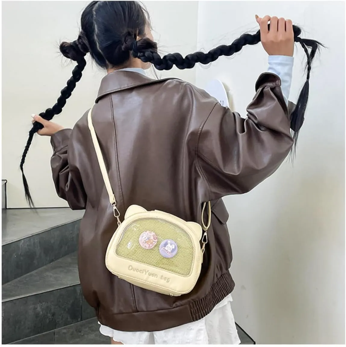 Kawaii Ita Crossbody Bag with Cat Ear & Pin Display Insert - Cute Small Shoulder Purse for Anime Cosplay