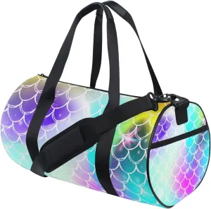 Kawaii Mermaid Rainbow Scales Duffel Bag,Canvas Travel Bag for Gym Sports and Overnight