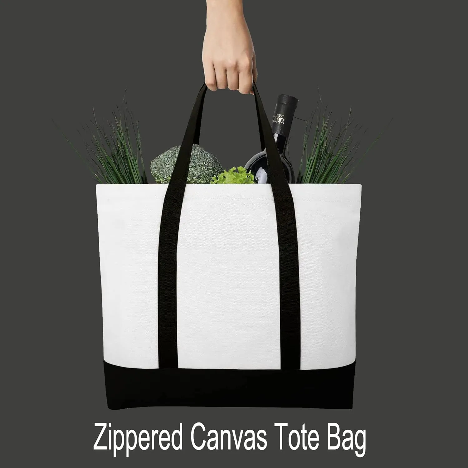 kaxilu Black Zippered Canvas Tote Bag 16.5"x 14"x5" Heavy Duty Plain Tote Bags 4PCS Reusable Canvas Tote Bags Bulk Cloth Grocery Bags