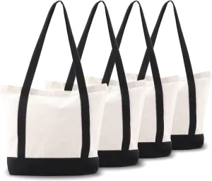 kaxilu Black Zippered Canvas Tote Bag 16.5"x 14"x5" Heavy Duty Plain Tote Bags 4PCS Reusable Canvas Tote Bags Bulk Cloth Grocery Bags