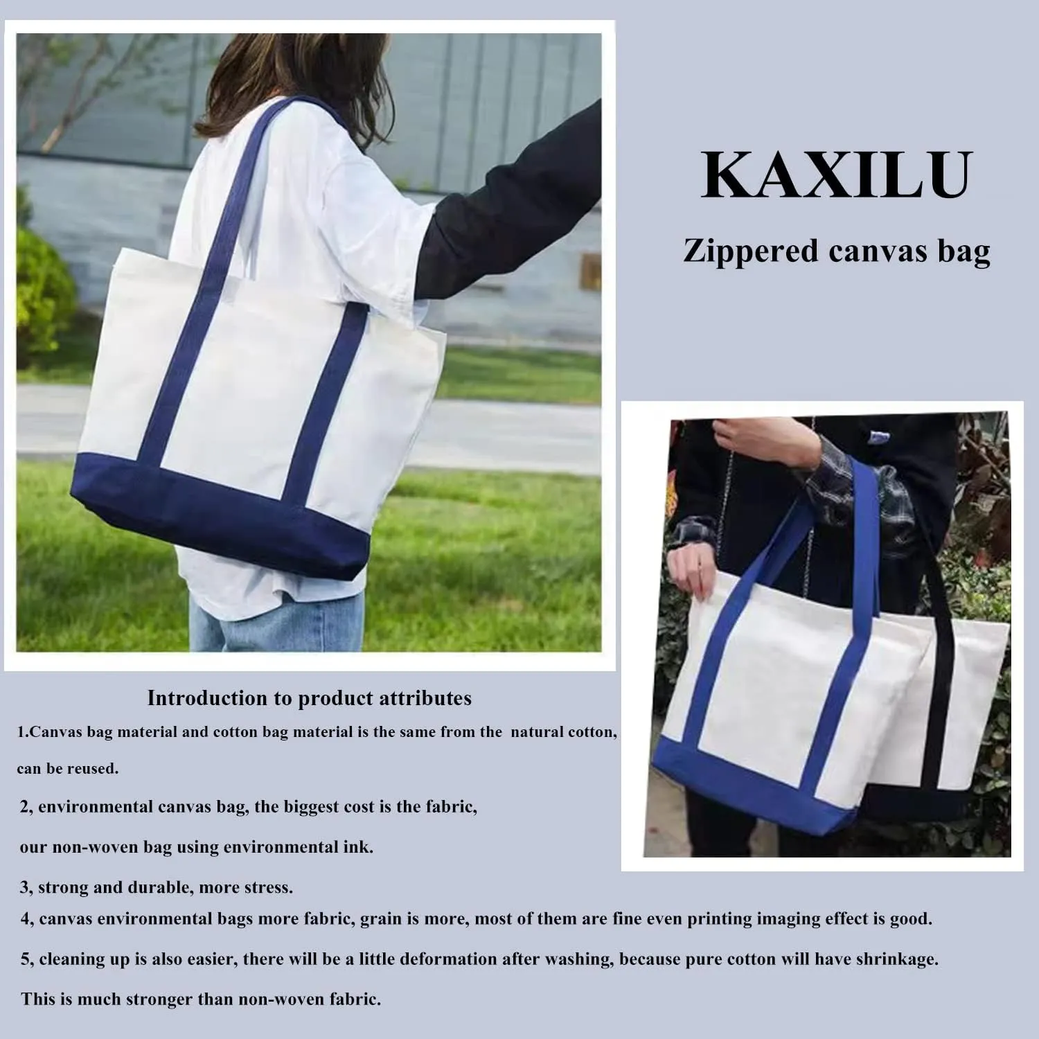 kaxilu Black Zippered Canvas Tote Bag 16.5"x 14"x5" Heavy Duty Plain Tote Bags 4PCS Reusable Canvas Tote Bags Bulk Cloth Grocery Bags