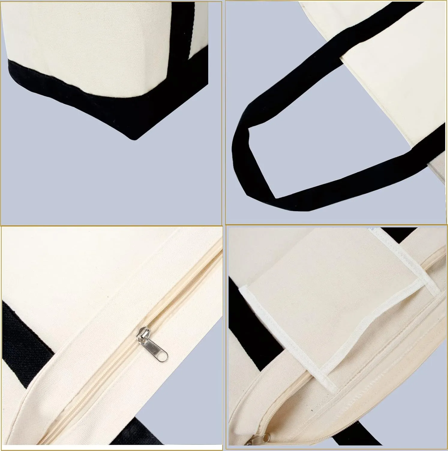 kaxilu Black Zippered Canvas Tote Bag 16.5"x 14"x5" Heavy Duty Plain Tote Bags 4PCS Reusable Canvas Tote Bags Bulk Cloth Grocery Bags
