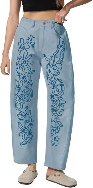 Kedera Embroidered Jeans for Women 2025 Baggy Boyfriend Jeans Barrel Leg Horseshoe Jeans Women Vintage Mid Rise Jeans
