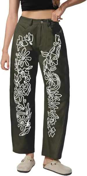 Kedera Embroidered Jeans for Women 2025 Baggy Boyfriend Jeans Barrel Leg Horseshoe Jeans Women Vintage Mid Rise Jeans