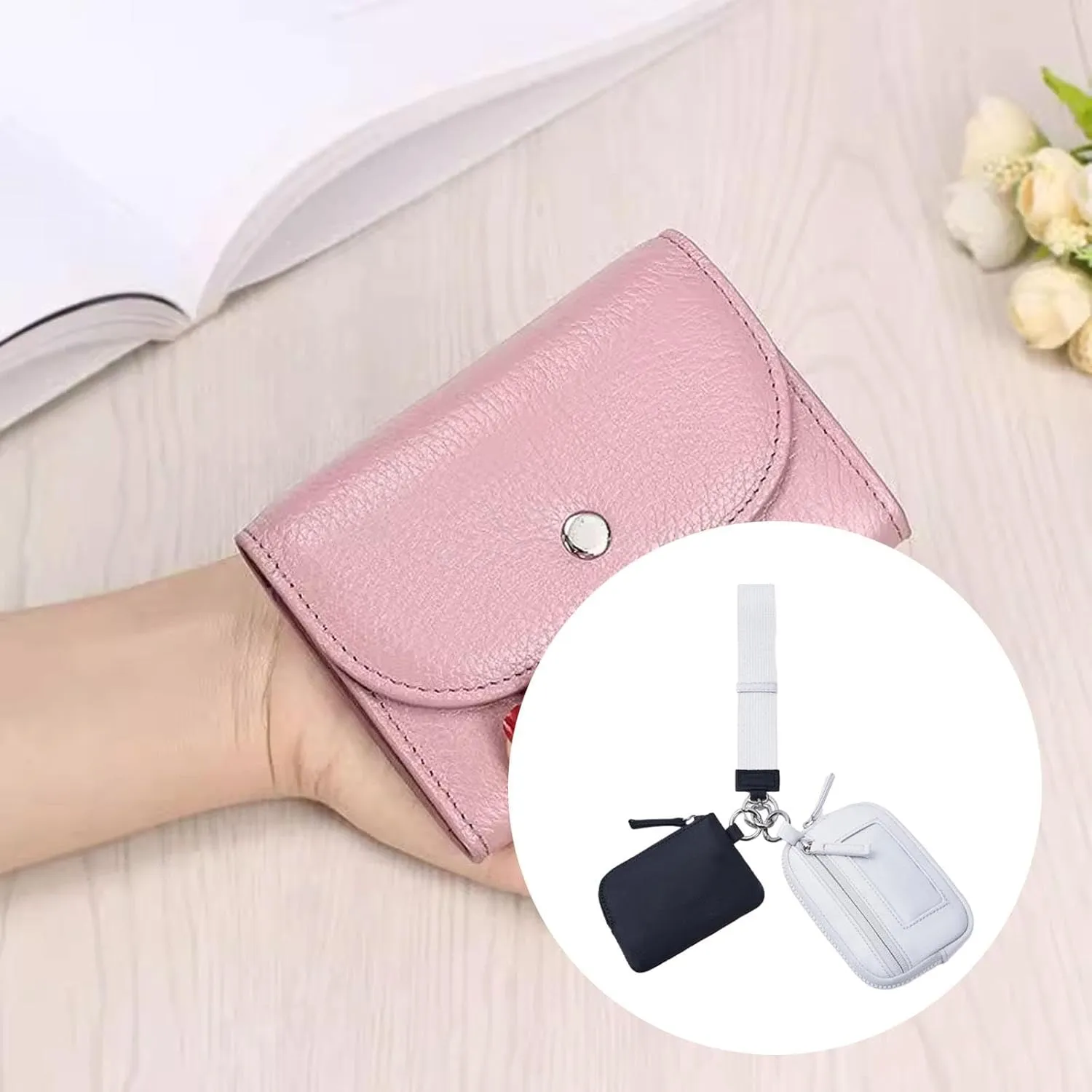 Keychain Wristlet Wallet Small Wallet with Keyring Bag Water Resistant Practical Purse Double Pouch for Birthday Gift Trekking, Black Gray