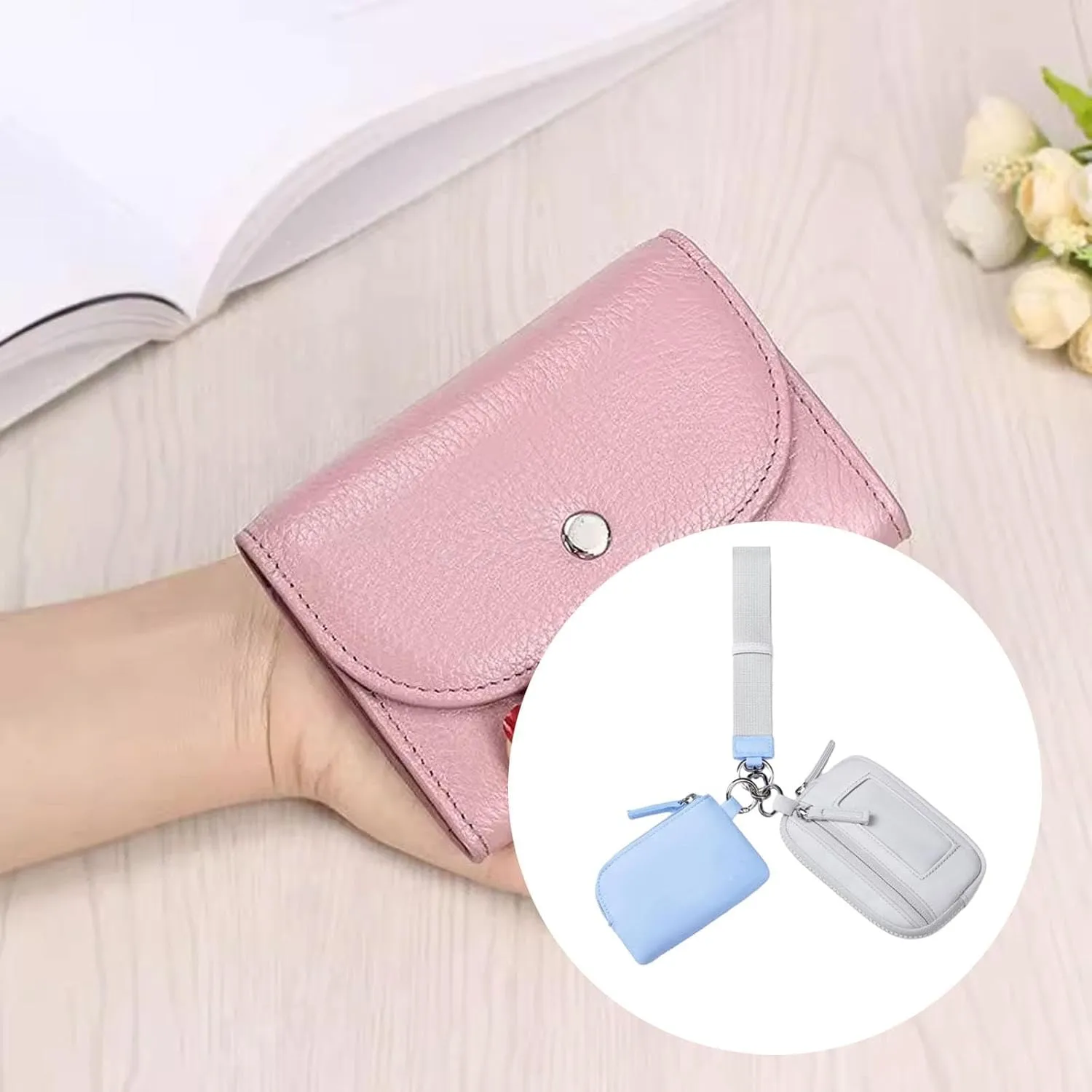 Keychain Wristlet Wallet Small Wallet with Keyring Trendy Waterproof Double Pouch Purse for Travel Trekking Backpacking Camping, Blue Gray