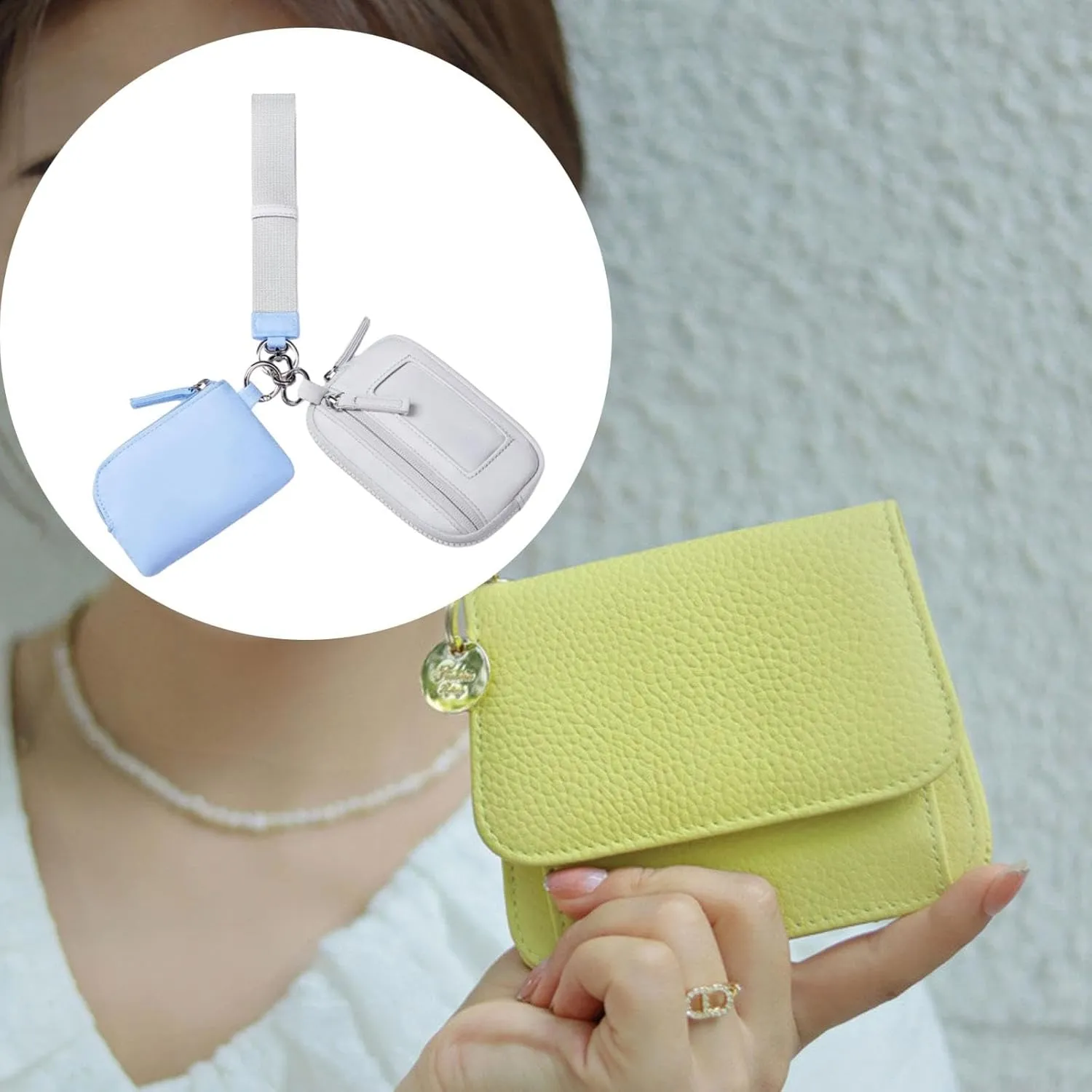 Keychain Wristlet Wallet Small Wallet with Keyring Trendy Waterproof Double Pouch Purse for Travel Trekking Backpacking Camping, Blue Gray