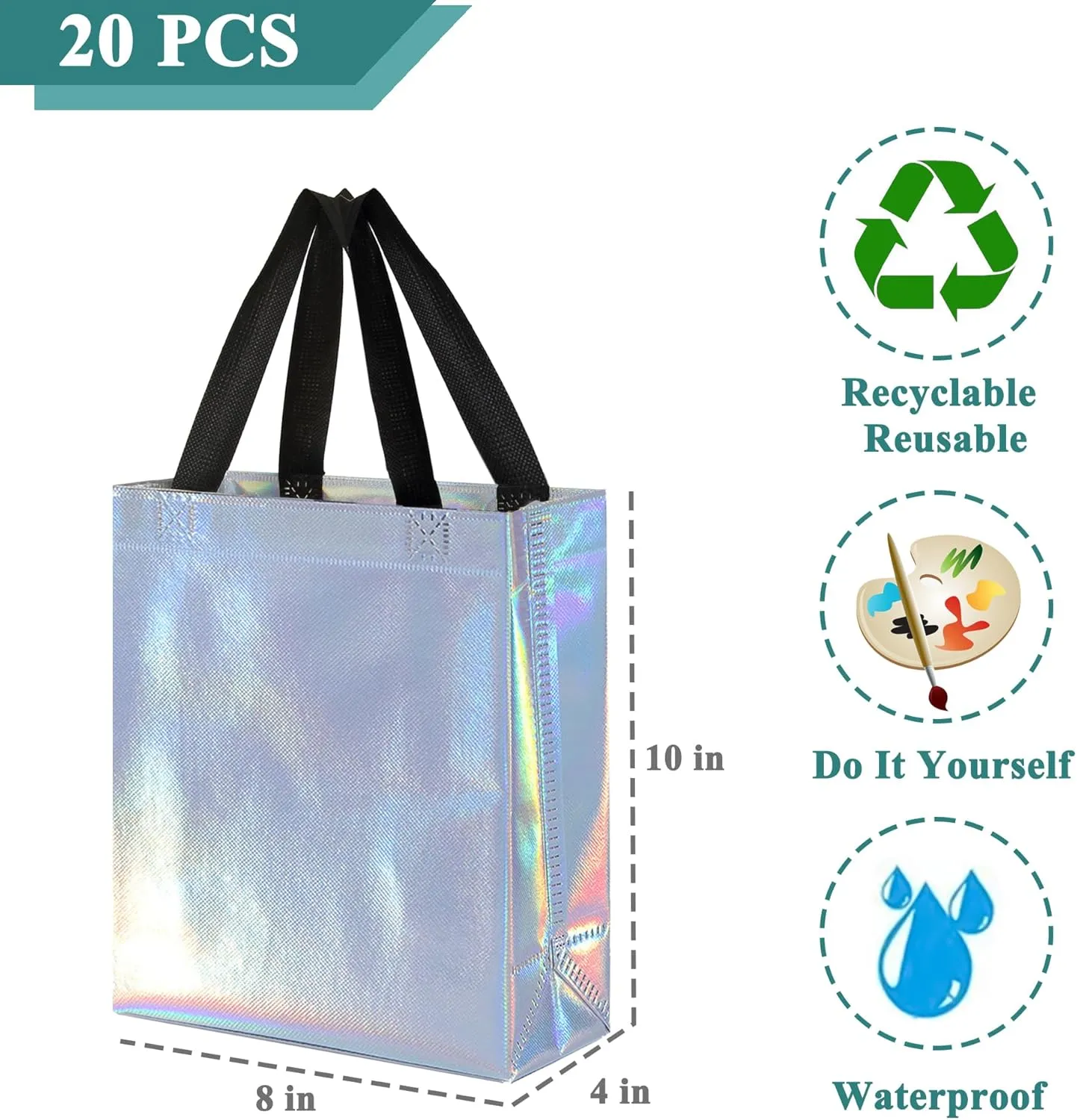 KEYYOOMY 20 Pcs Iridescent Gift Bags with Handles Medium Size- 8x4x10 In Glossy Reusable Gift Bag with Handles- Shiny Holographic Party Favor Bags, Birthday Goodie Bags, Wedding Gift Bag