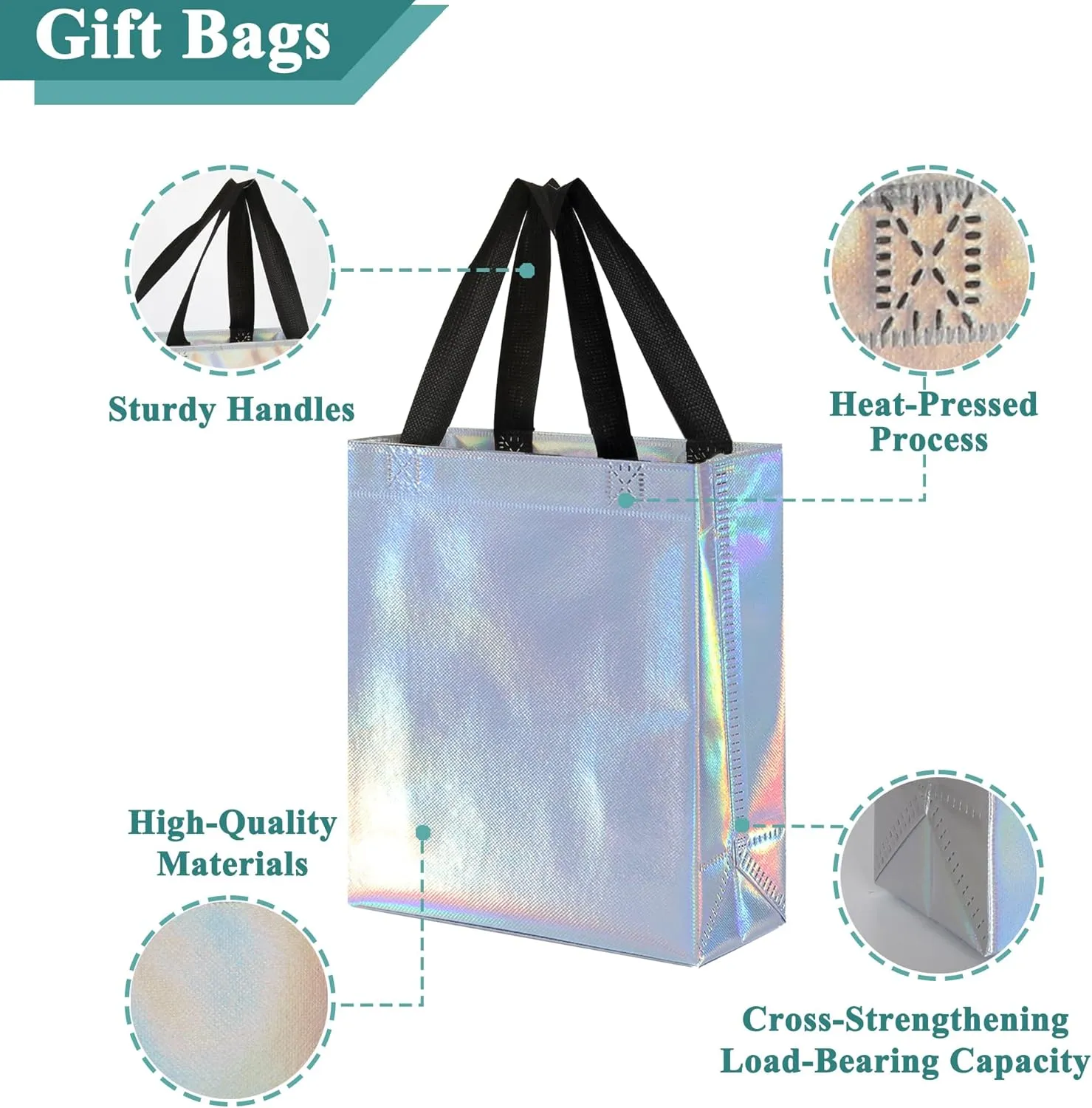 KEYYOOMY 20 Pcs Iridescent Gift Bags with Handles Medium Size- 8x4x10 In Glossy Reusable Gift Bag with Handles- Shiny Holographic Party Favor Bags, Birthday Goodie Bags, Wedding Gift Bag