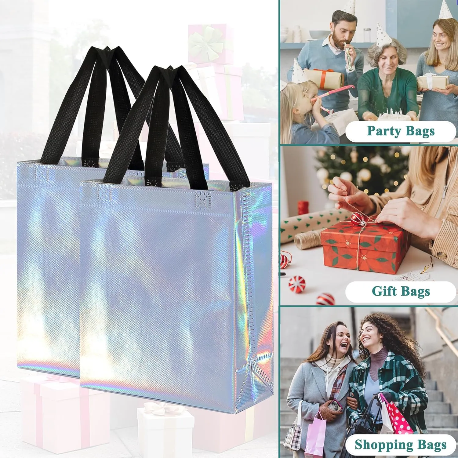 KEYYOOMY 20 Pcs Iridescent Gift Bags with Handles Medium Size- 8x4x10 In Glossy Reusable Gift Bag with Handles- Shiny Holographic Party Favor Bags, Birthday Goodie Bags, Wedding Gift Bag