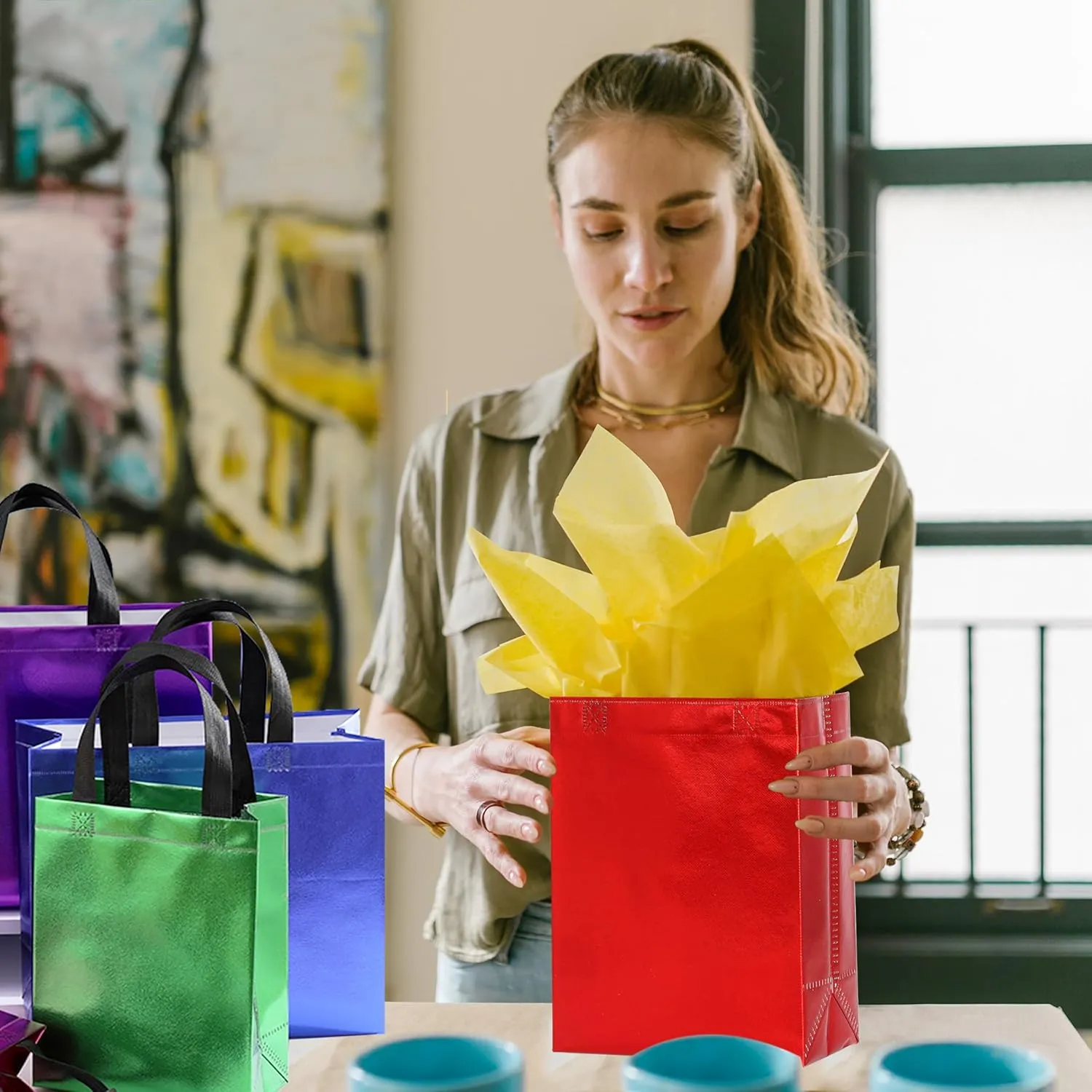 KEYYOOMY 20 Pcs Iridescent Gift Bags with Handles Medium Size- 8x4x10 In Glossy Reusable Gift Bag with Handles- Shiny Holographic Party Favor Bags, Birthday Goodie Bags, Wedding Gift Bag