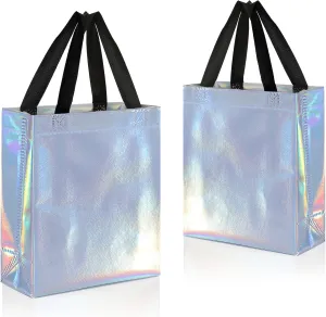 KEYYOOMY 20 Pcs Iridescent Gift Bags with Handles Medium Size- 8x4x10 In Glossy Reusable Gift Bag with Handles- Shiny Holographic Party Favor Bags, Birthday Goodie Bags, Wedding Gift Bag