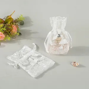 KHBNHJ 24 Pcs White Lace Organza Drawstring Bags, 3.9 x 5.5 Inch Wedding Favor Gift Bags with Maple Leaf Embroidery, Mesh Jewelry Pouches Gift Bags for Wedding Supplies Bridal Shower