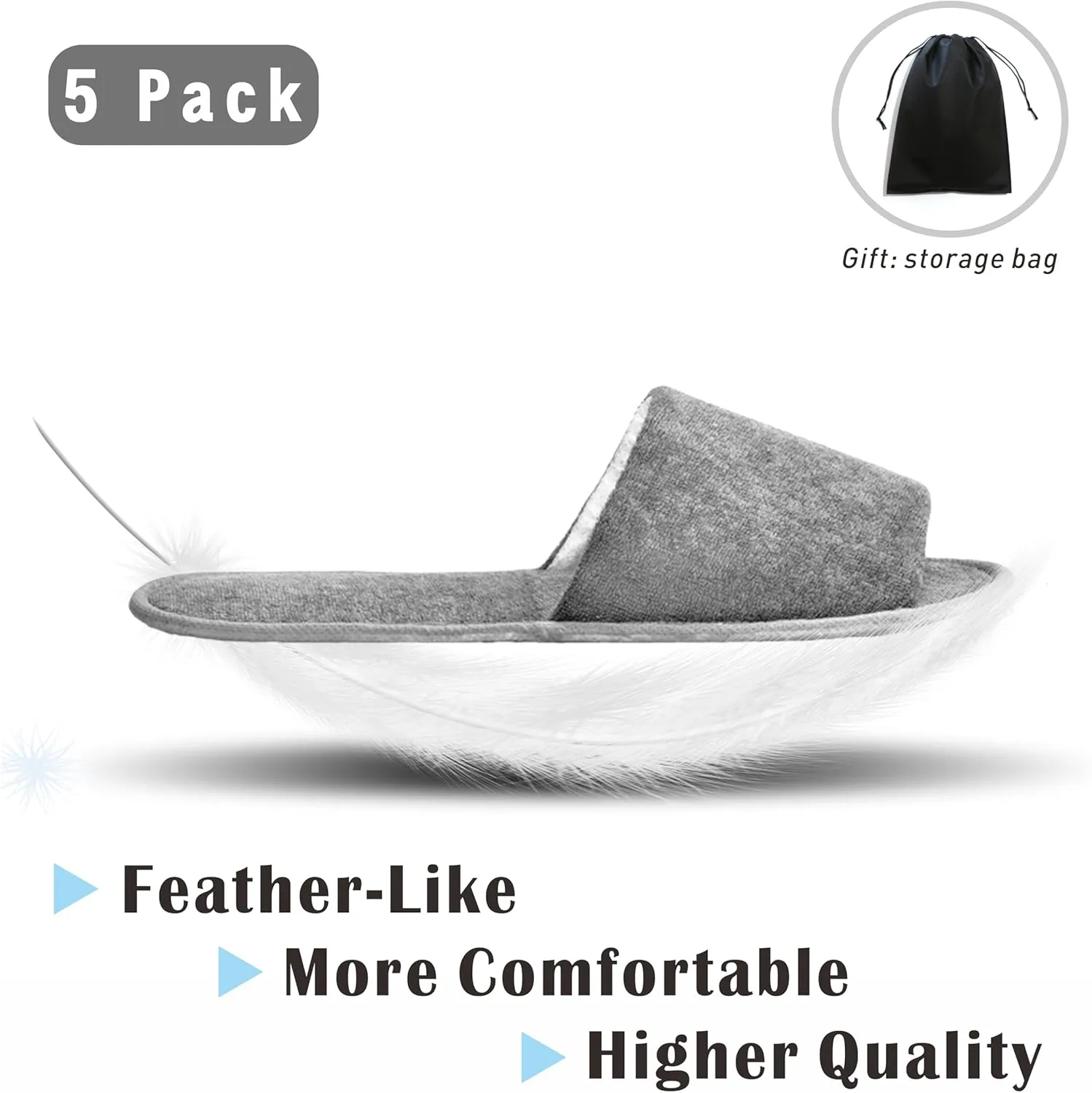 KHC-KHF Spa Slipper- 5 Pairs of Velvet Open Toe Slippers with Travel Bags- One Size Fit Most Men and Women for Spa
