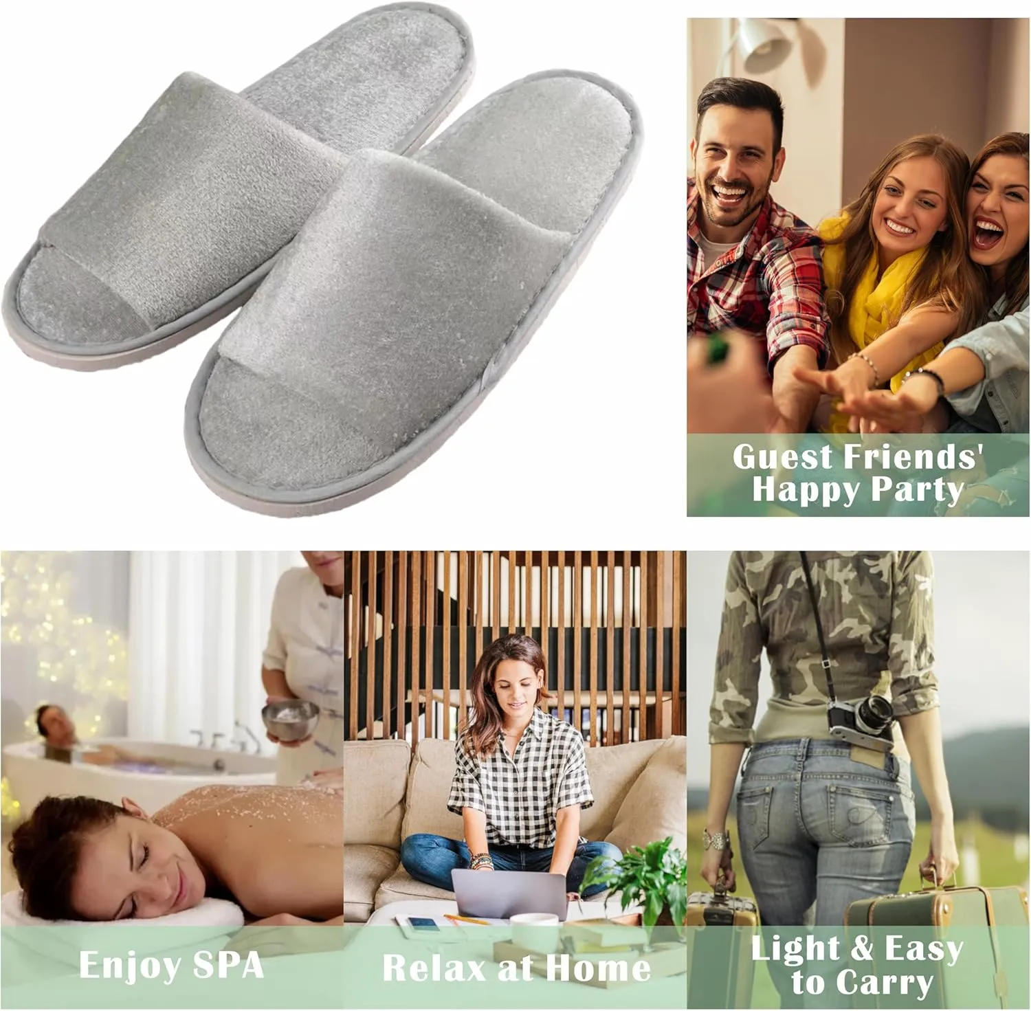 KHC-KHF Spa Slipper- 5 Pairs of Velvet Open Toe Slippers with Travel Bags- One Size Fit Most Men and Women for Spa