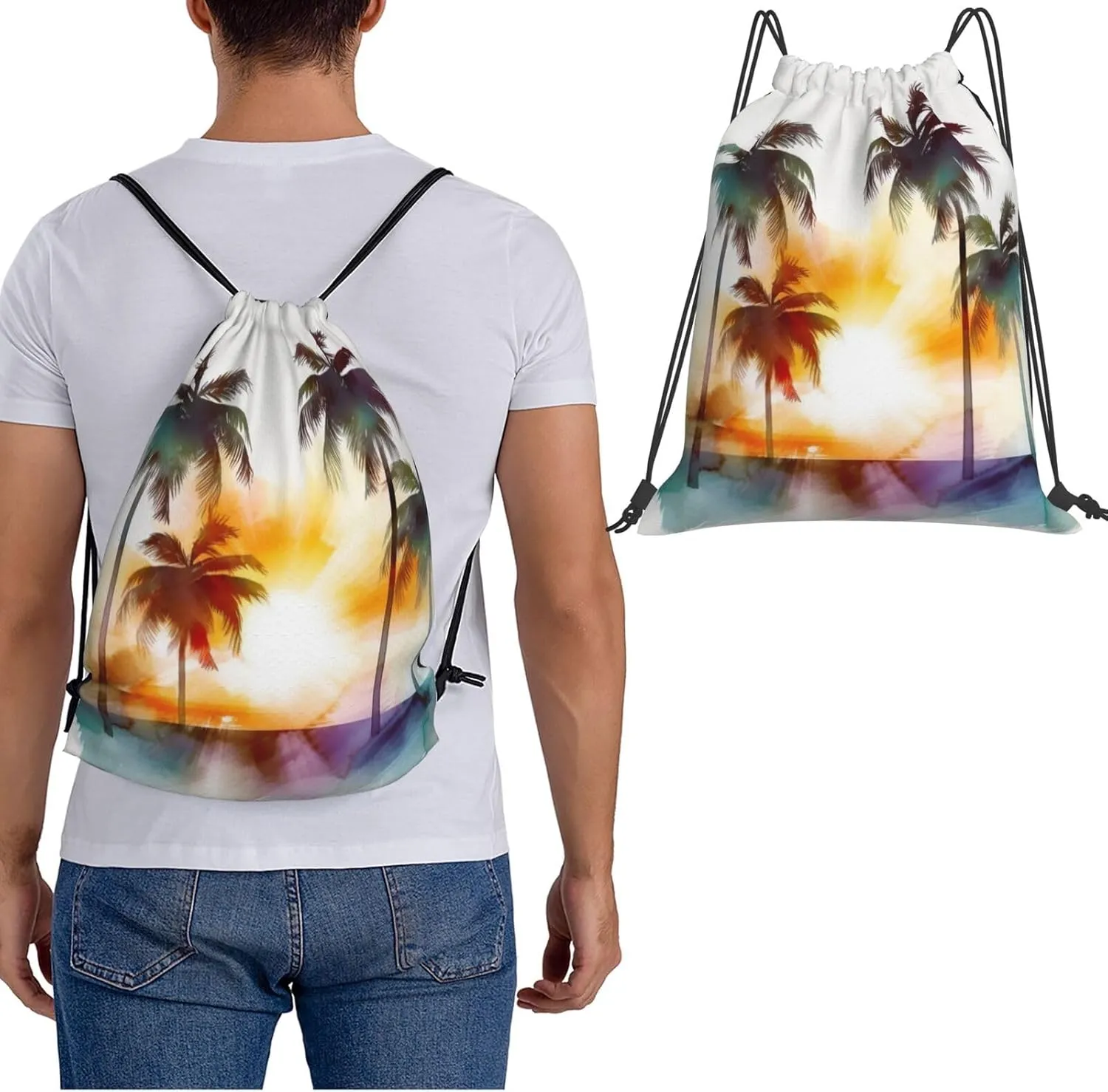 KHiry Drawstring Backpack Waterproof String Bag Palm Trees Sunset Drawstring Sackpack Gym Bag for Man Woman