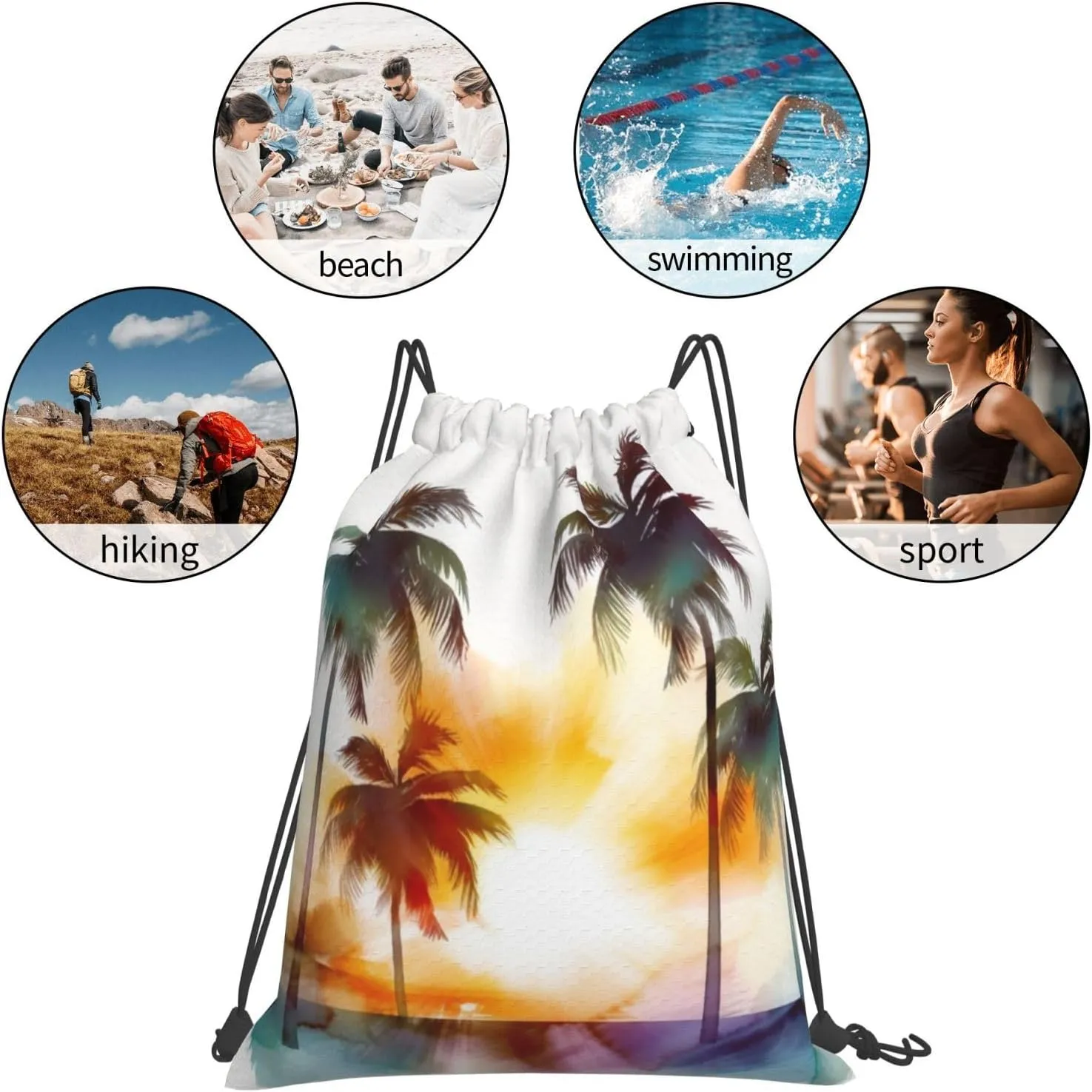 KHiry Drawstring Backpack Waterproof String Bag Palm Trees Sunset Drawstring Sackpack Gym Bag for Man Woman