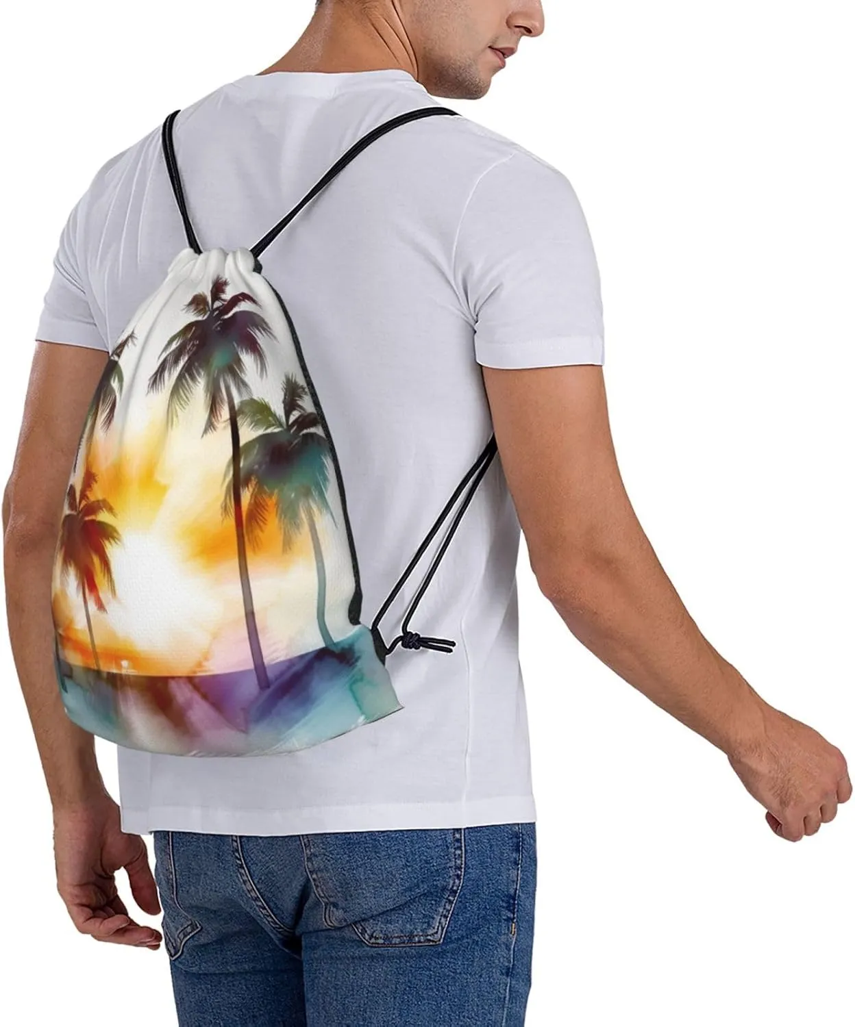 KHiry Drawstring Backpack Waterproof String Bag Palm Trees Sunset Drawstring Sackpack Gym Bag for Man Woman