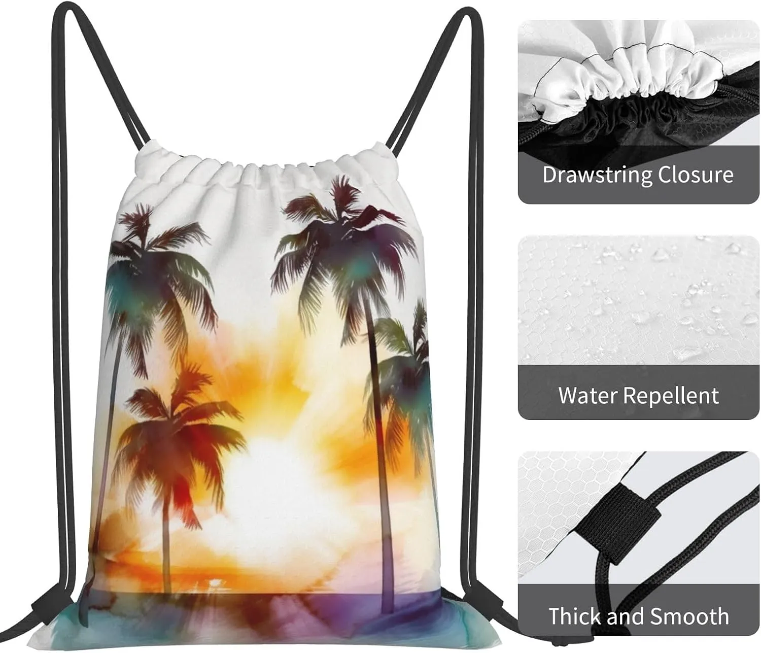 KHiry Drawstring Backpack Waterproof String Bag Palm Trees Sunset Drawstring Sackpack Gym Bag for Man Woman