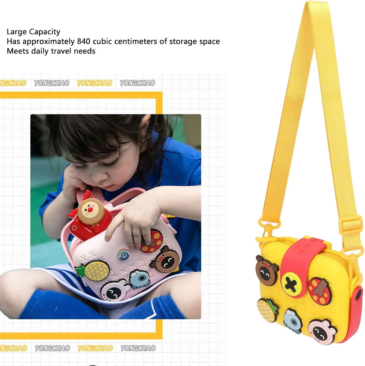 Kids Camera Case, EVA Cartoon Crossbody Shoulder Bag, Large Capacity Storage, Shockproof Buffer Housing, Multi Color Design for Boys Girls (Yellow)
