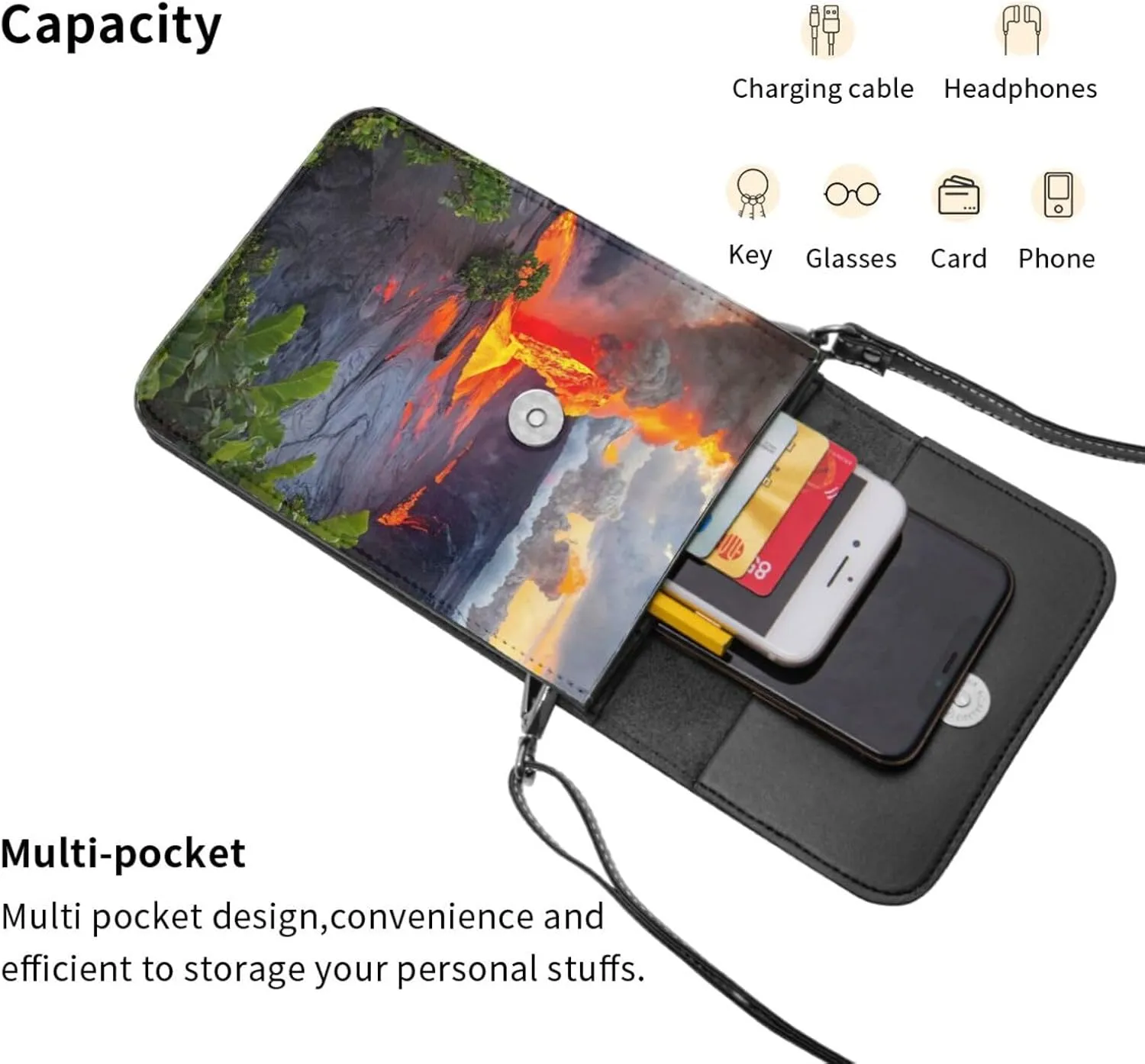 Kilauea Volcanos Print Small Crossbody Bags Women Card Slots Shoulder Bag Purse Leather Flip Phone Wallet