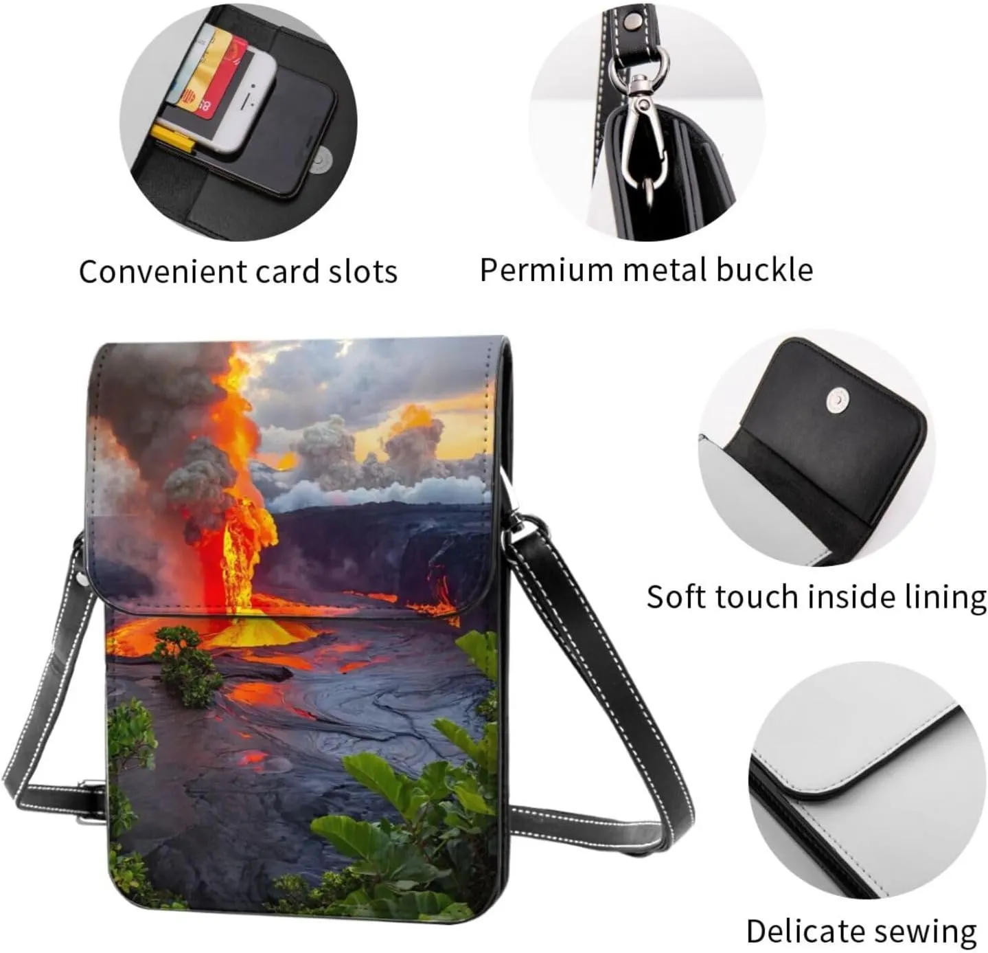 Kilauea Volcanos Print Small Crossbody Bags Women Card Slots Shoulder Bag Purse Leather Flip Phone Wallet