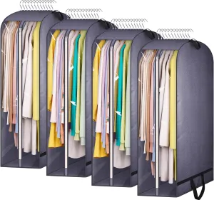 KIMBORA 10" Gusseted Clear Garment Bags for Hanging Clothes Storage, 43" Suit Bags for Closet Storage with Handles, Garment Covers for Coats, Jackets, Sweaters (4 Packs, Grey)