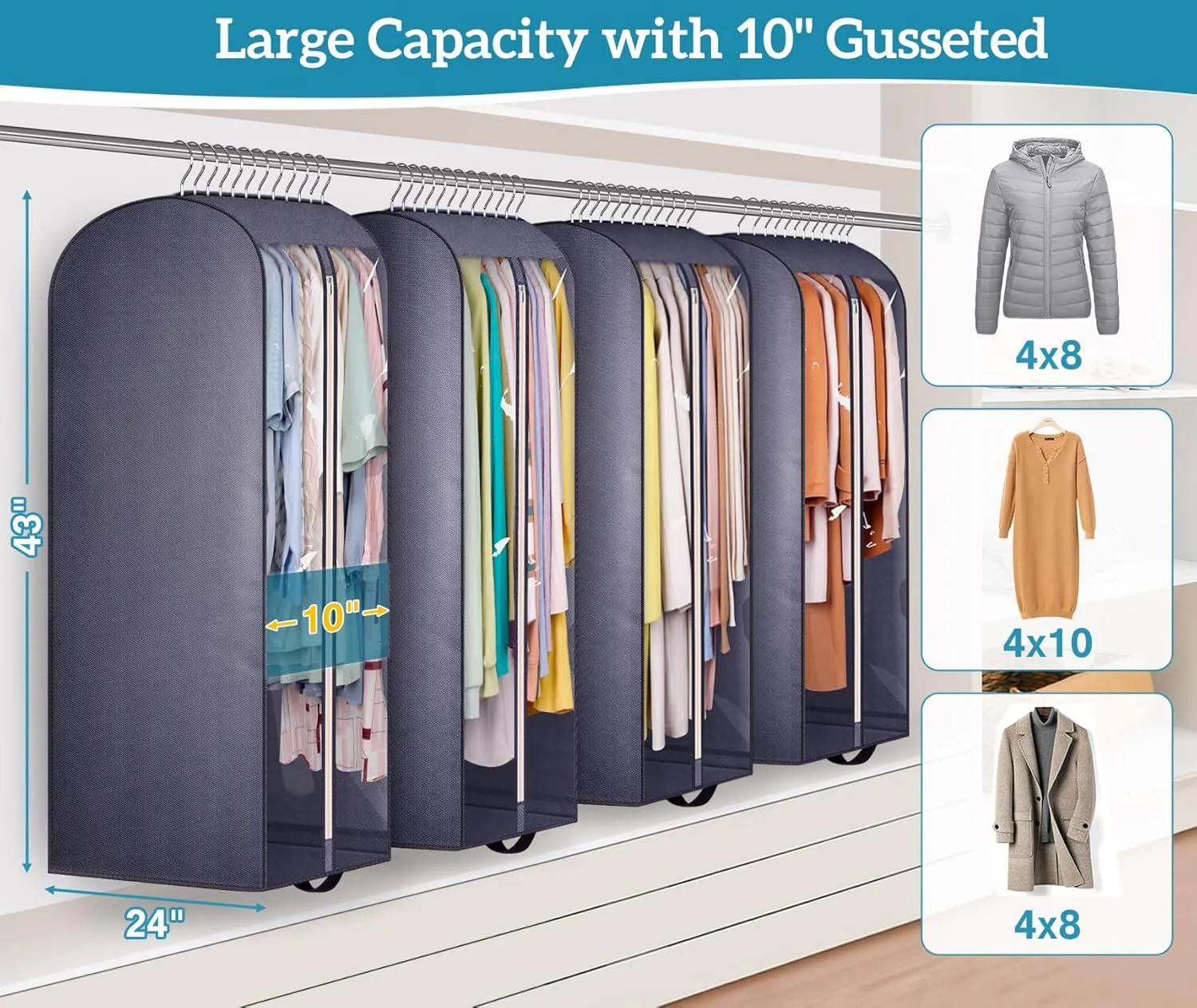 KIMBORA 10" Gusseted Clear Garment Bags for Hanging Clothes Storage, 43" Suit Bags for Closet Storage with Handles, Garment Covers for Coats, Jackets, Sweaters (4 Packs, Grey)
