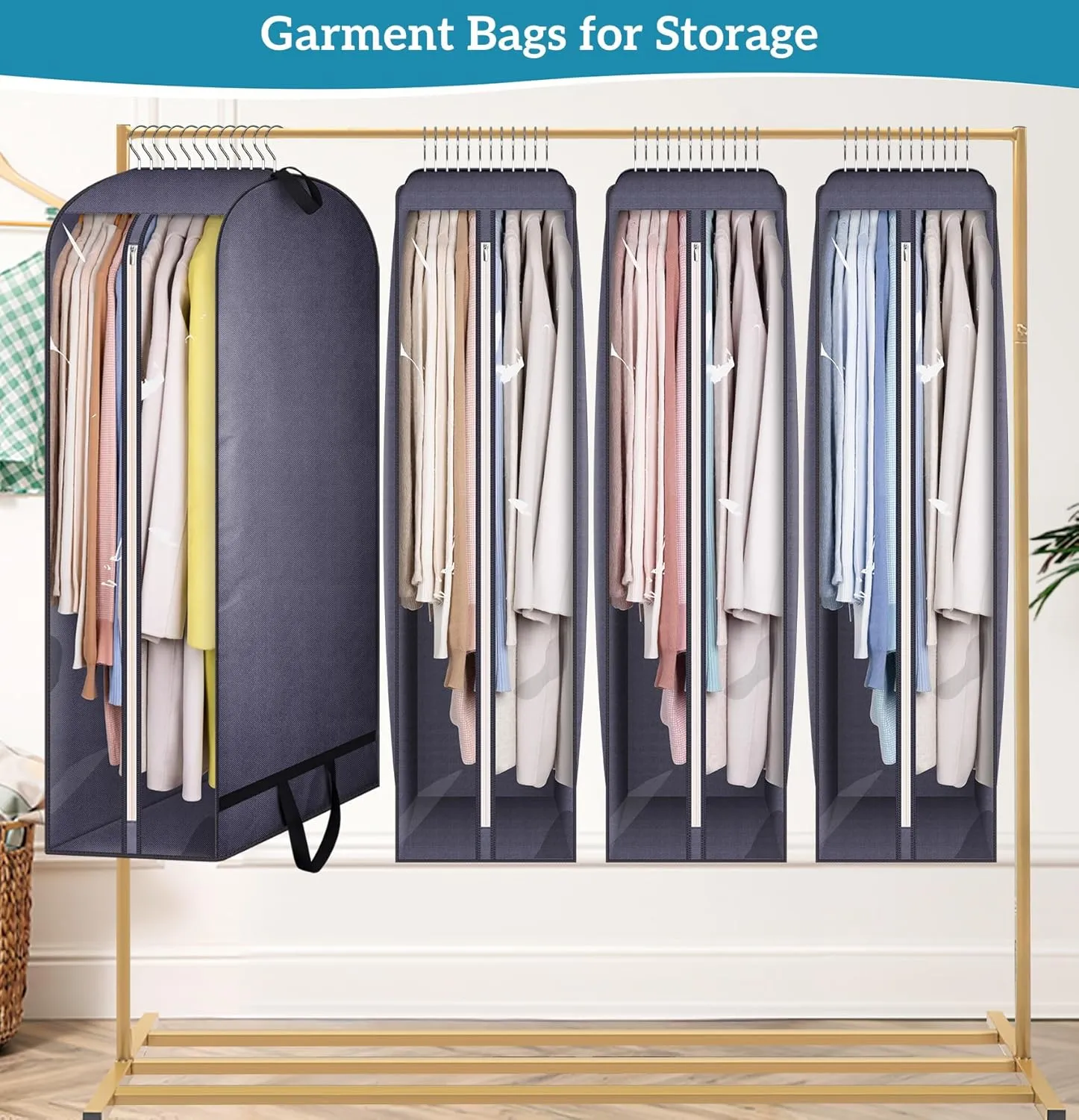 KIMBORA 10" Gusseted Clear Garment Bags for Hanging Clothes Storage, 43" Suit Bags for Closet Storage with Handles, Garment Covers for Coats, Jackets, Sweaters (4 Packs, Grey)