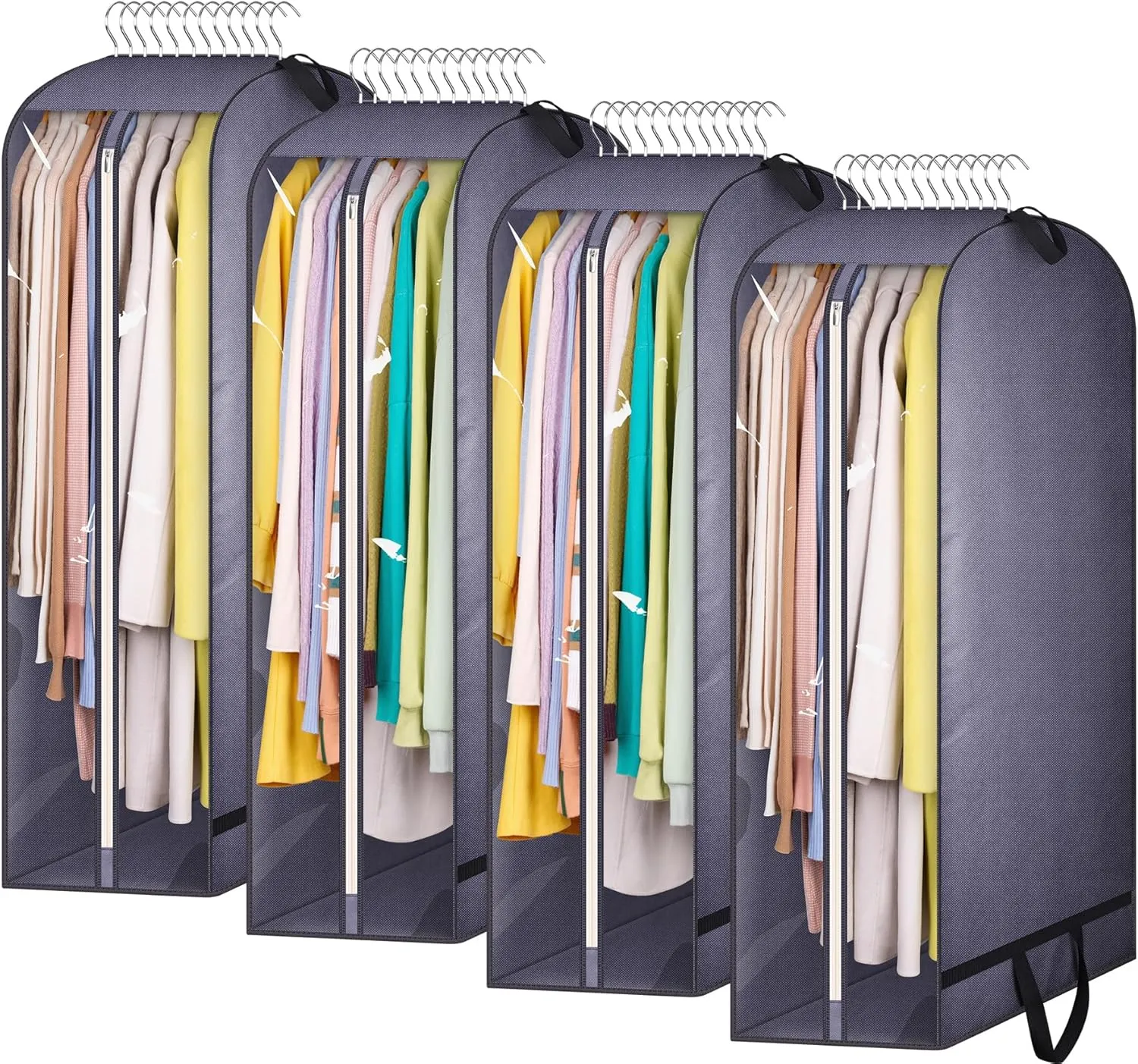 KIMBORA 10" Gusseted Clear Garment Bags for Hanging Clothes Storage, 43" Suit Bags for Closet Storage with Handles, Garment Covers for Coats, Jackets, Sweaters (4 Packs, Grey)