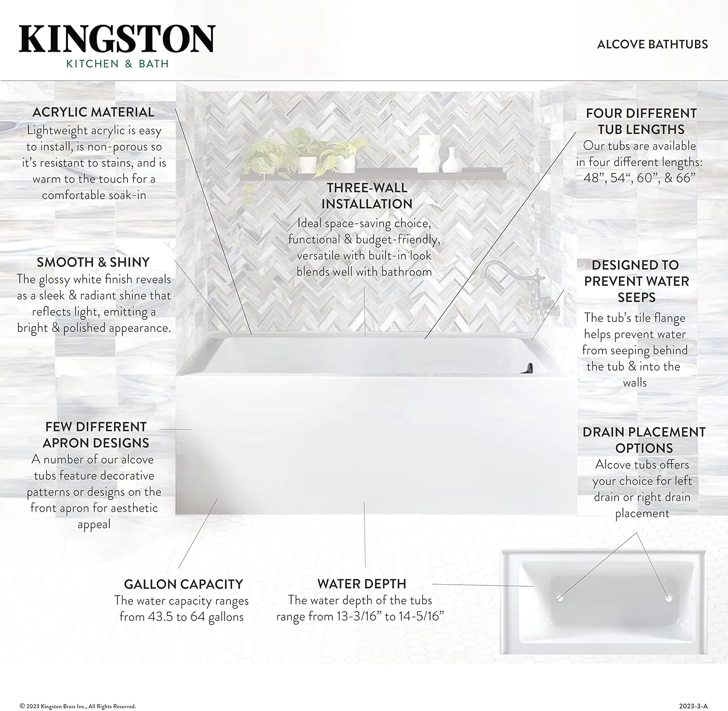 Kingston Brass Aqua Eden VTAP603622L 60-Inch Acrylic Alcove Tub with Left Hand Drain, White