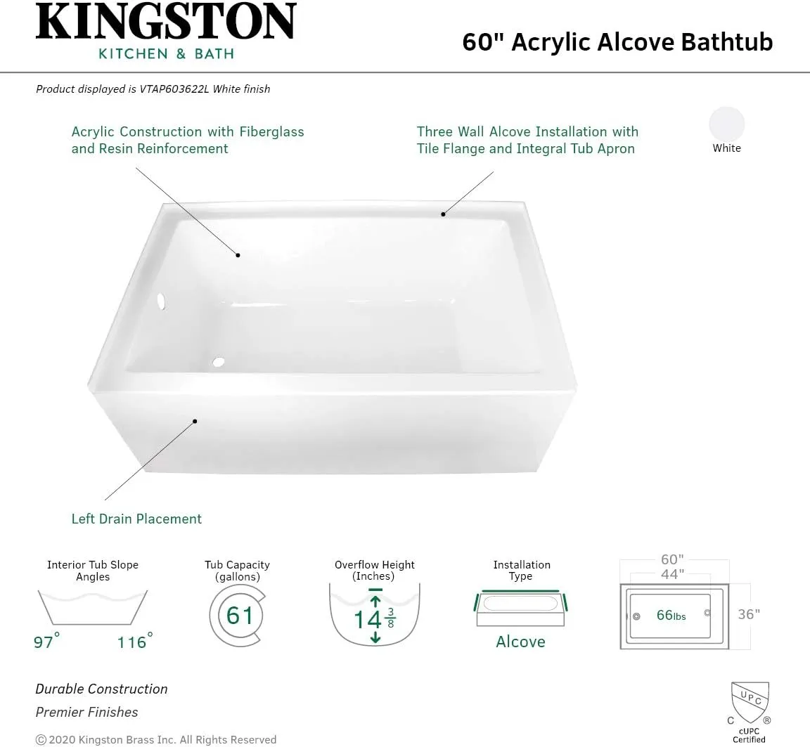 Kingston Brass Aqua Eden VTAP603622L 60-Inch Acrylic Alcove Tub with Left Hand Drain, White