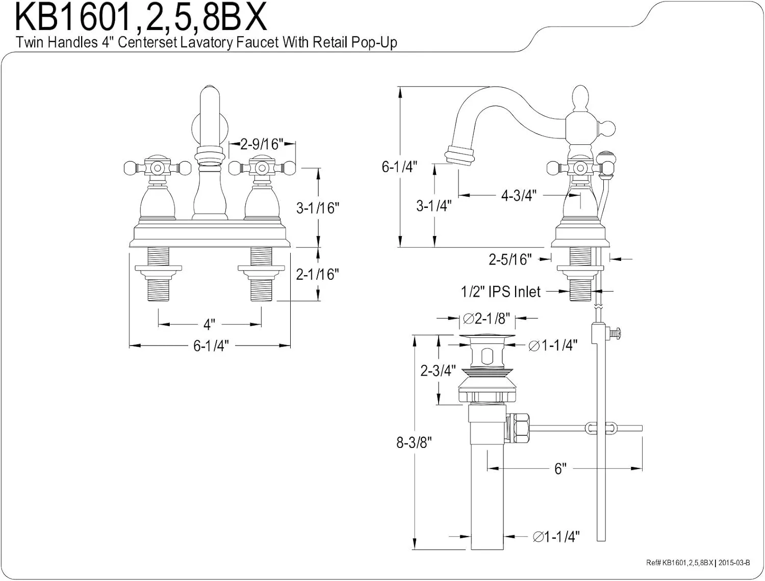 Kingston Brass KB1601BX Heritage 4" Centerset Lavatory Faucet with Metal Cross Handle, Chrome