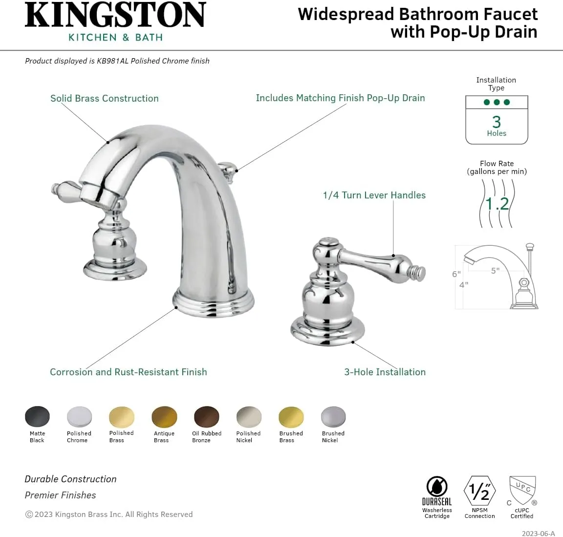 Kingston Brass KB985AL Victorian Widespread Lavatory Faucet with Metal lever handle, Oil Rubbed Bronze