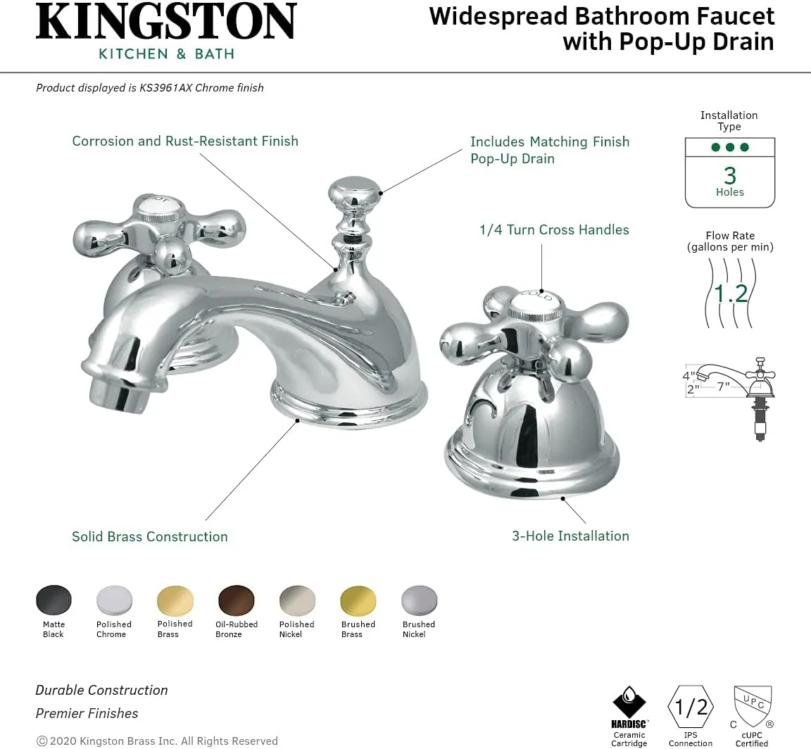 Kingston Brass KS3962AX Restoration Widespread Lavatory Faucet with Metal Cross Handle, Polished Brass