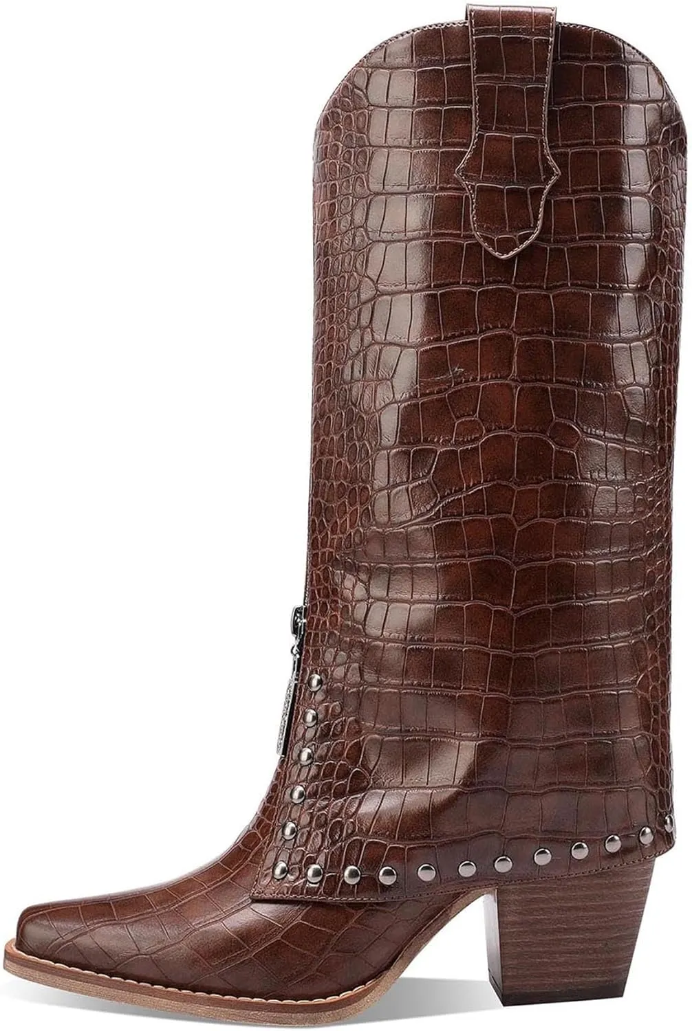 Knee High Leather Boots for women Crocodile Texture Foldover Chunky Heel Shark Boot