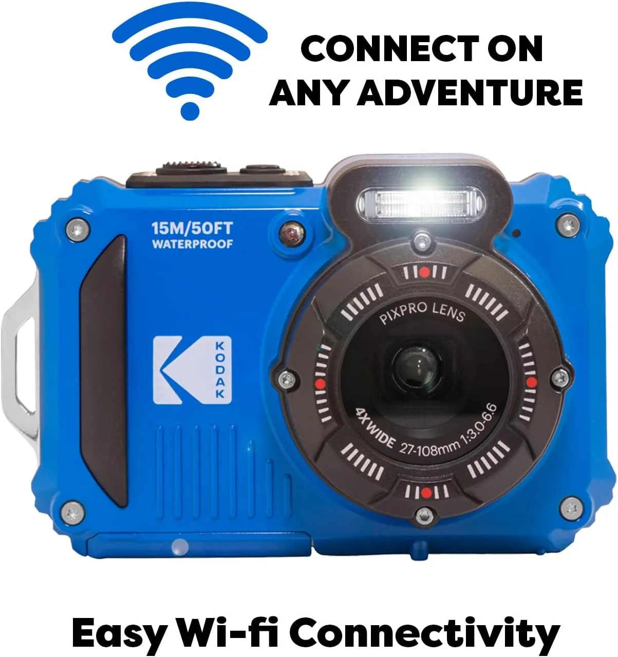 Kodak PIXPRO WPZ2 Rugged Waterproof Shockproof Digital Camera 16MP 4X Optical Zoom 1080P Full HD Video, 2.7 LCD (Blue), 32GB SD Card, Black Compact Camera Case, Floating Strap, Bundle (7 Items)