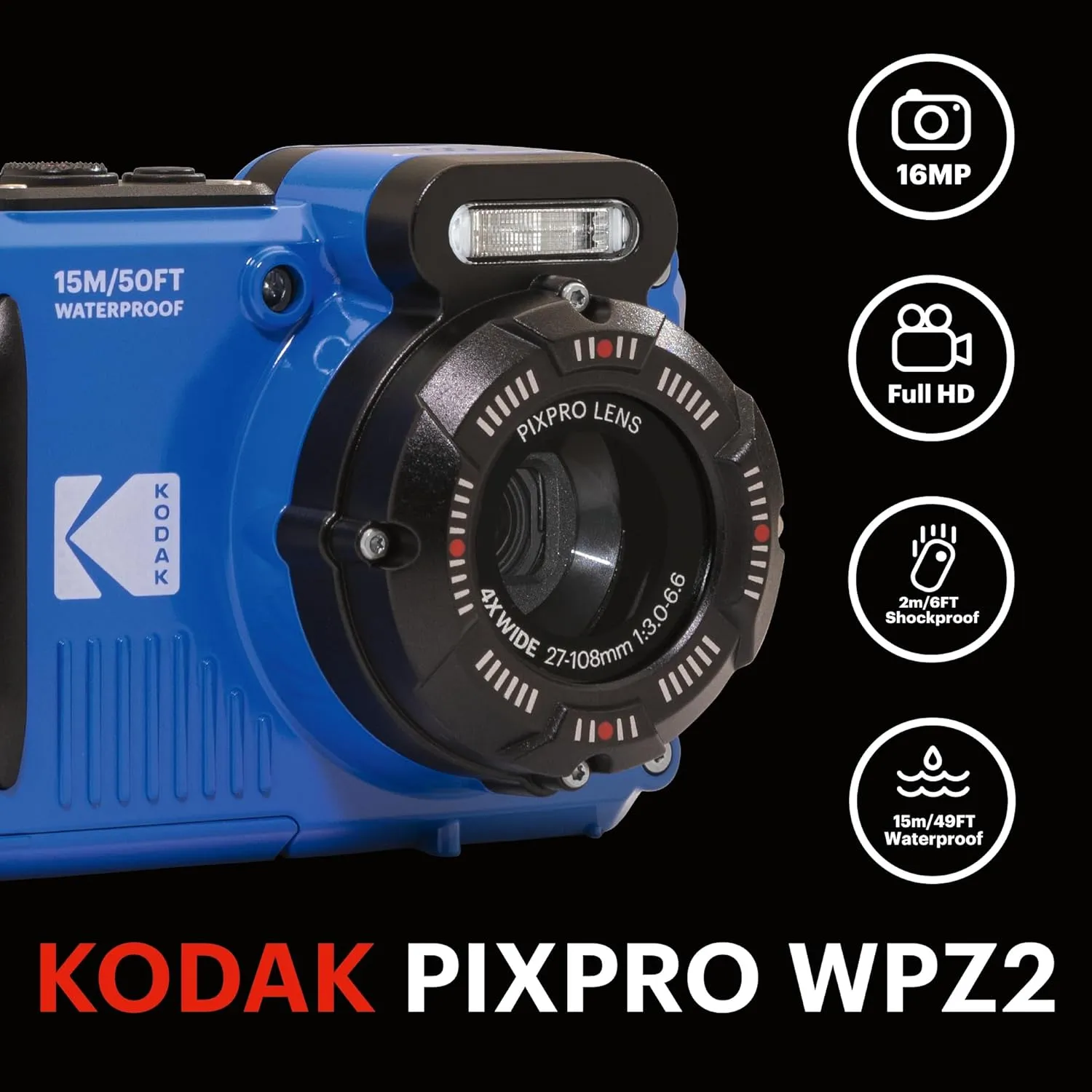KODAK PIXPRO WPZ2 Rugged Waterproof Shockproof Dustproof WiFi Digital Camera 16MP 4X Optical Zoom 1080P Full HD Video Vlogging Camera 2.7" LCD (Blue)