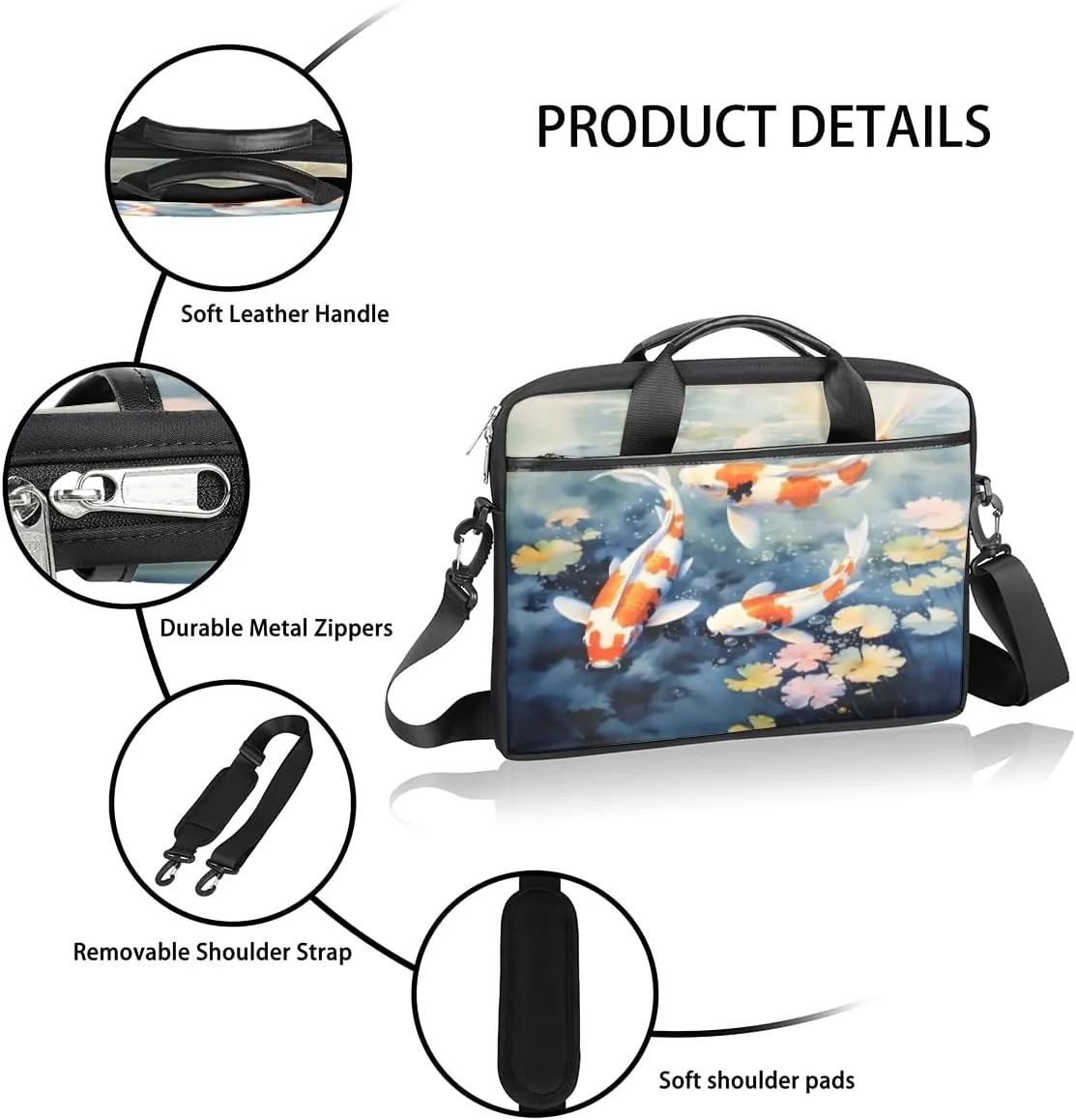 Koi Laptop Bag for Men Women 13-15 Inch Case Bags Sleeve Shoulder with Anti Slip Removable The Pad Straps(15x1x11inches)