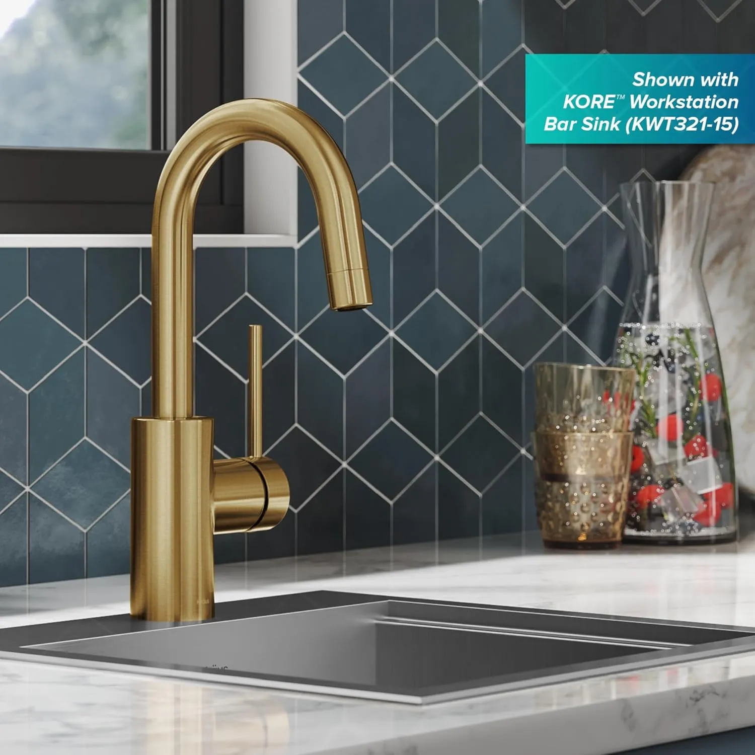 KRAUS Oletto Single Handle Kitchen Bar Faucet with QuickDock Top Mount Assembly in Brushed Brass, KPF-2600BB