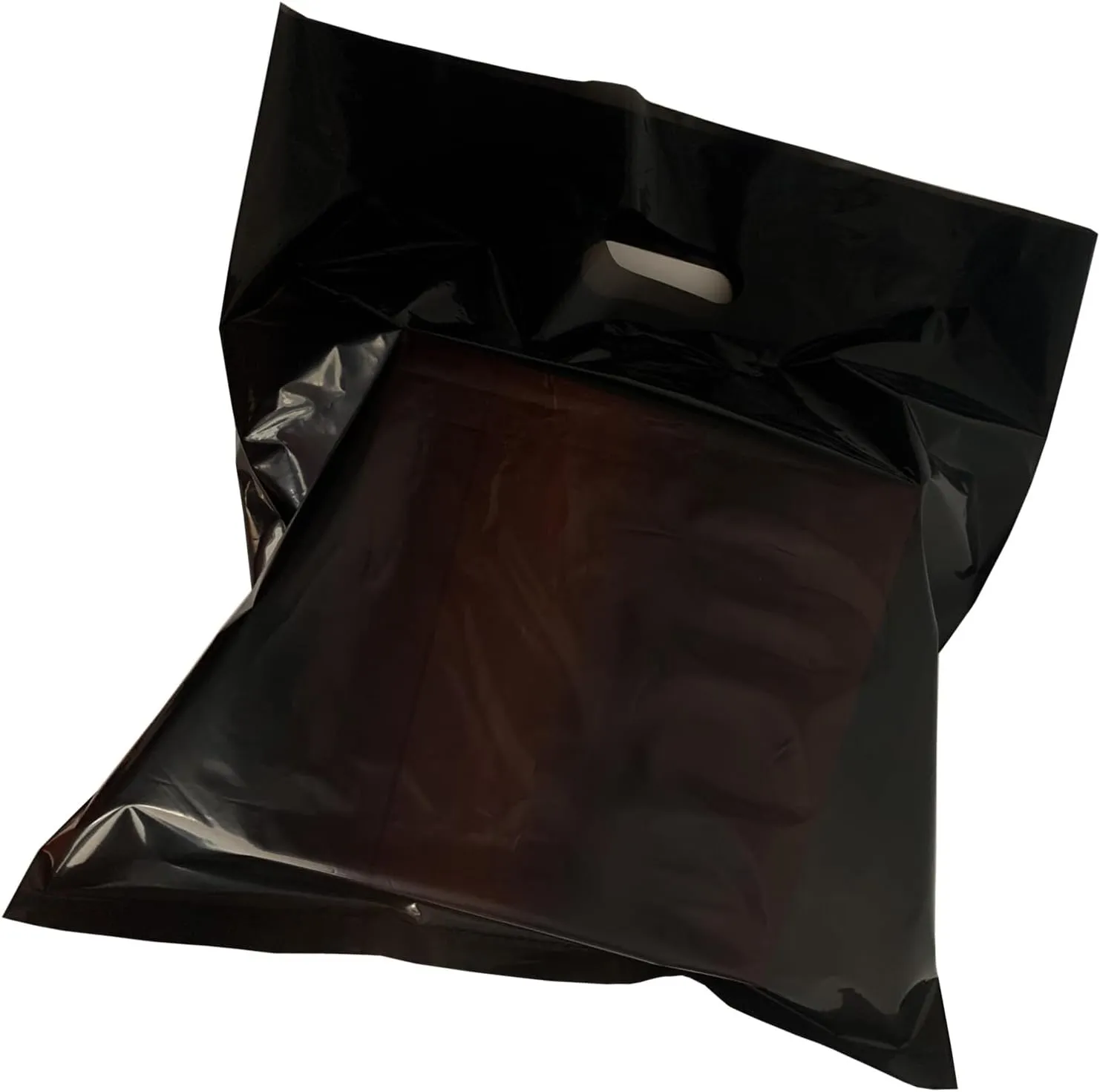 Krodtige 100 Pack 16" x 18"x 2 Mil Thick Black Merchandise Shopping Bags with Die Cut Handles Glossy Plastic Bag Perfect for Retail,Shopping,Trade Show and More(No Gusset)