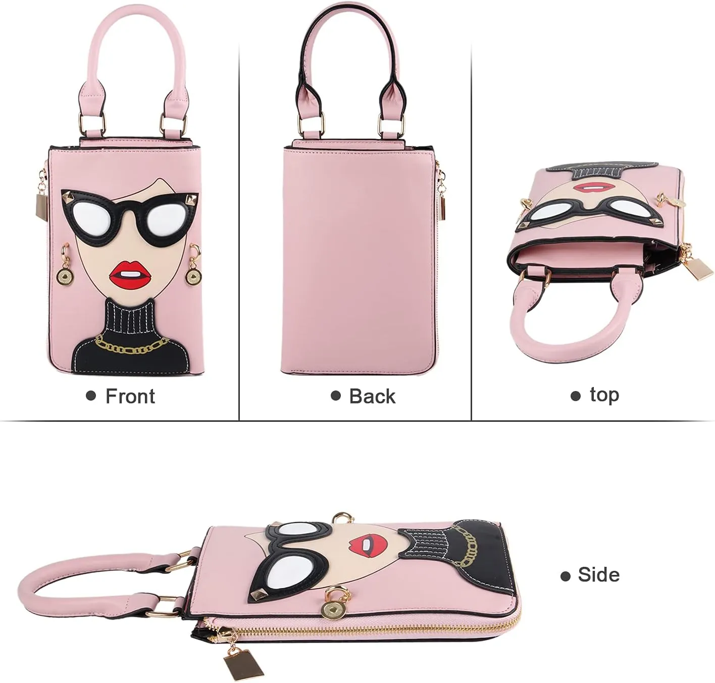 KUANG! Women Novelty Lady Face Shoulder Bags Funky PU Leather Top Handle Satchel Handbags Clutch Purse for Women