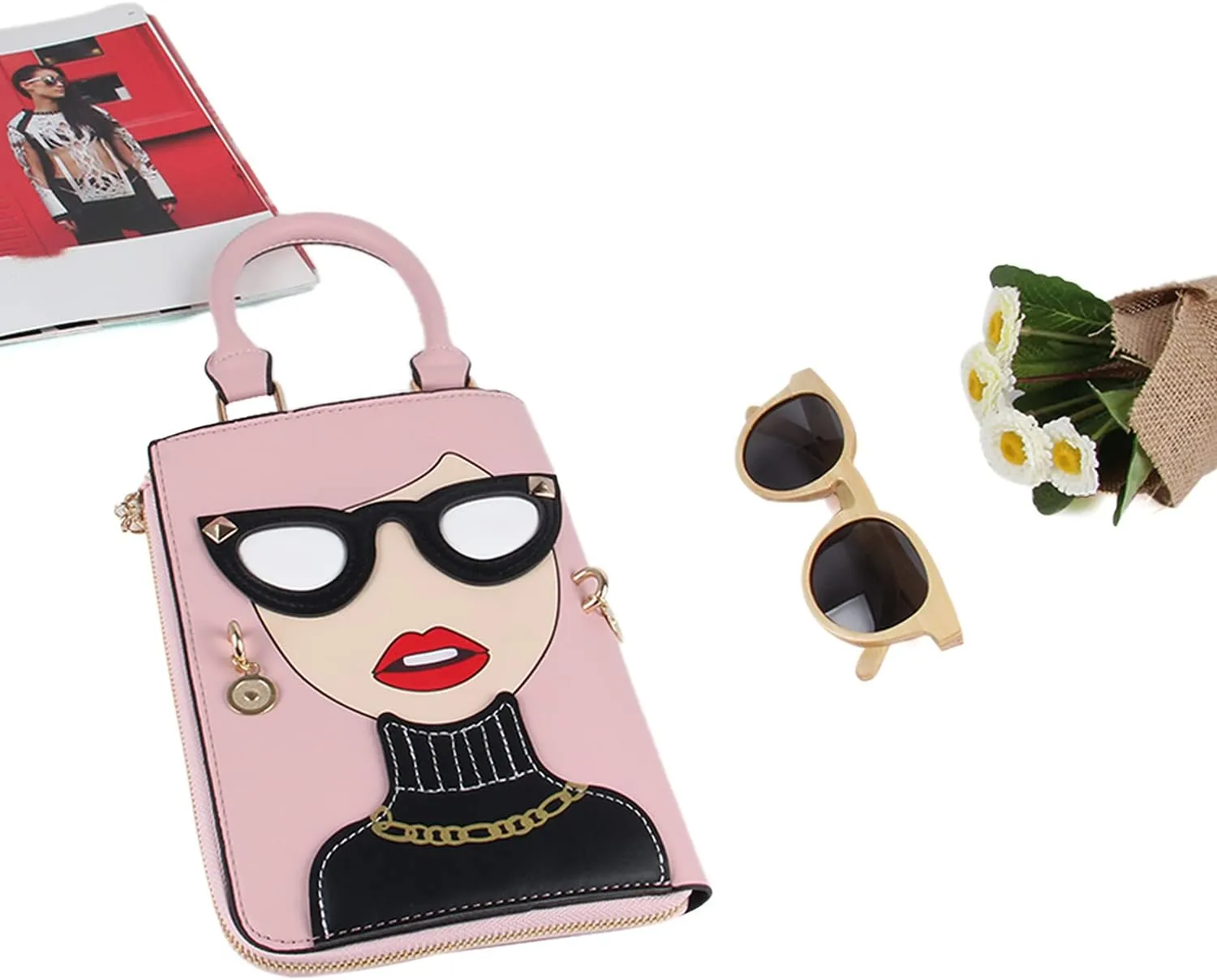 KUANG! Women Novelty Lady Face Shoulder Bags Funky PU Leather Top Handle Satchel Handbags Clutch Purse for Women