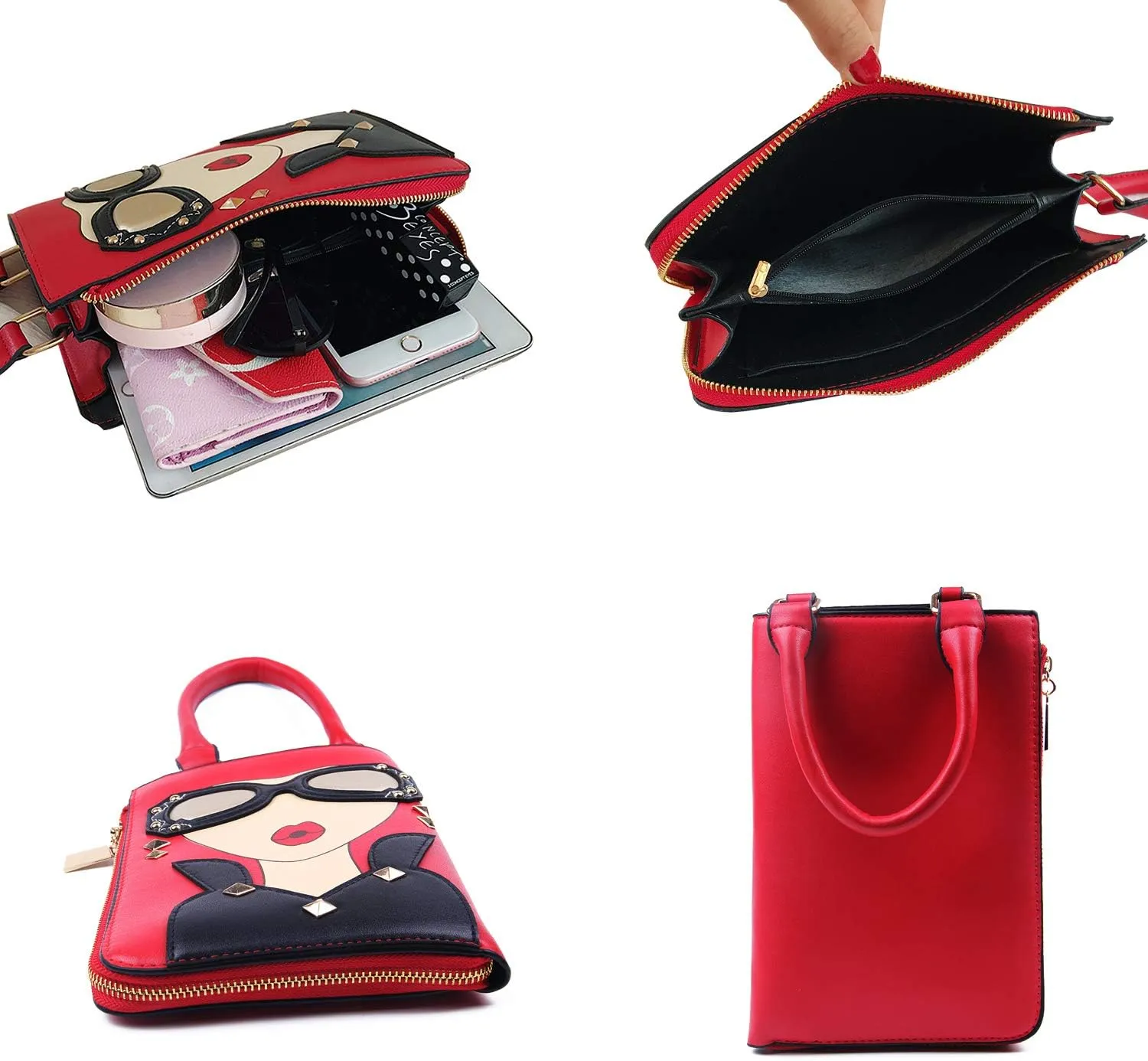 KUANG! Women Novelty Lady Face Shoulder Bags Funky PU Leather Top Handle Satchel Handbags Clutch Purse for Women